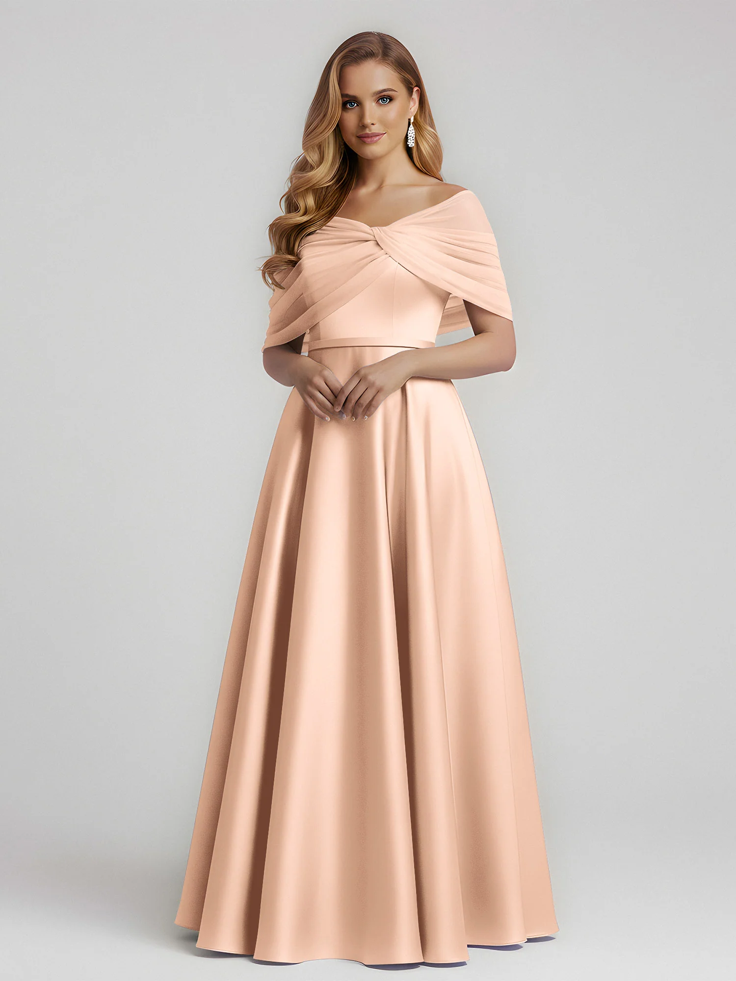 Satin A-Line Floor Length Dresses With Sheer Shawl Peach