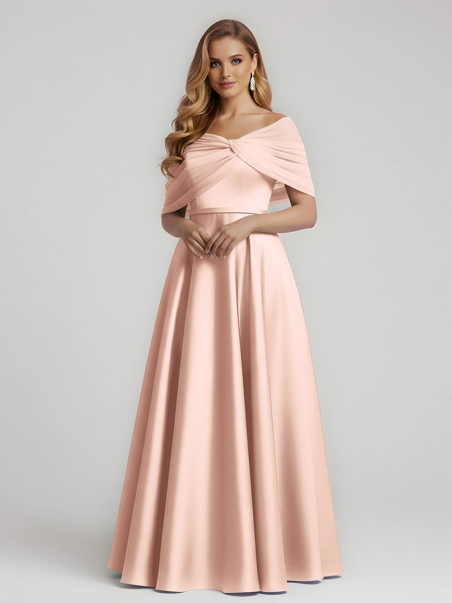 Satin A-Line Floor Length Dresses With Sheer Shawl Pearl Pink