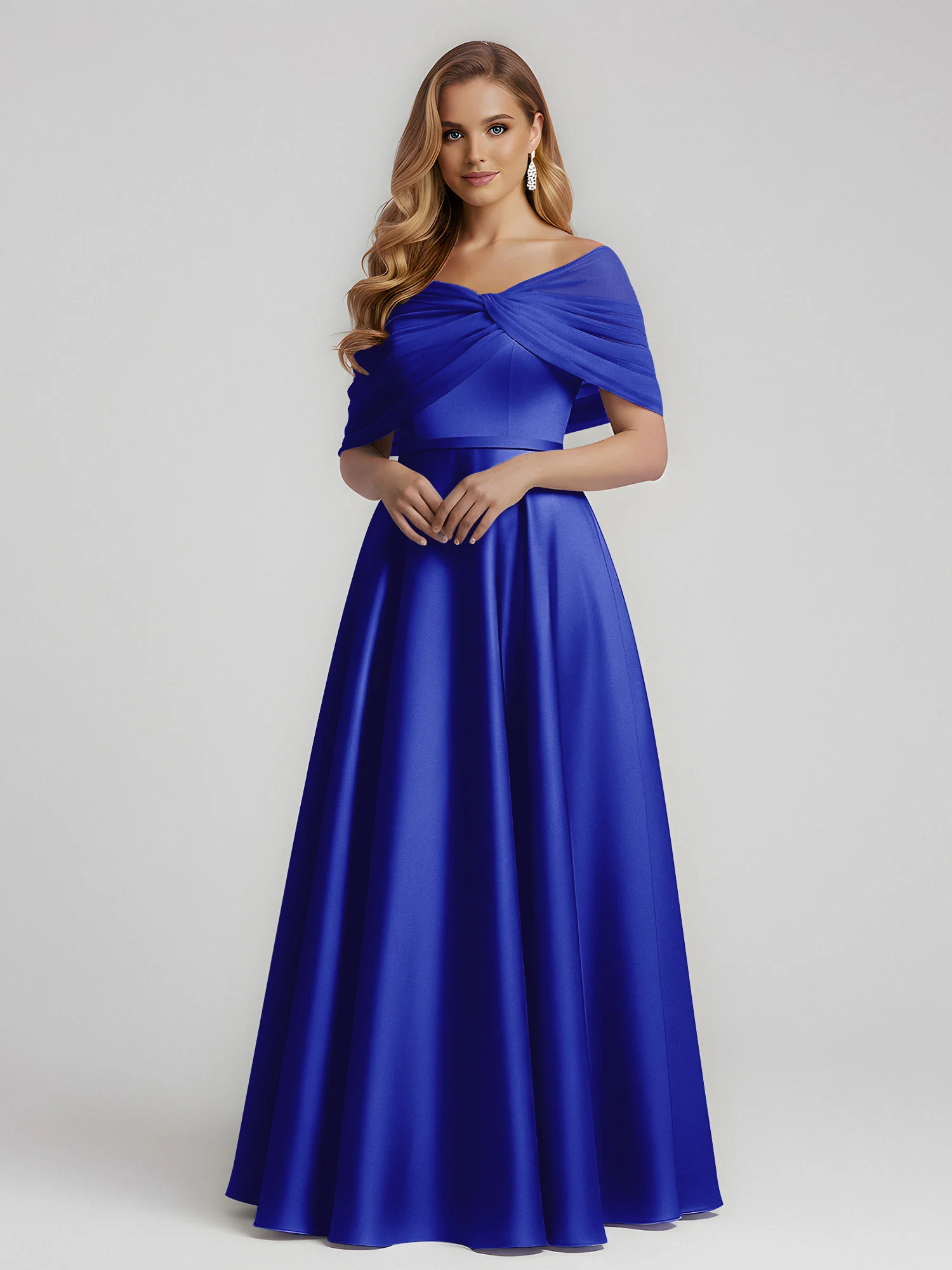 Satin A-Line Floor Length Dresses With Sheer Shawl Royal Blue