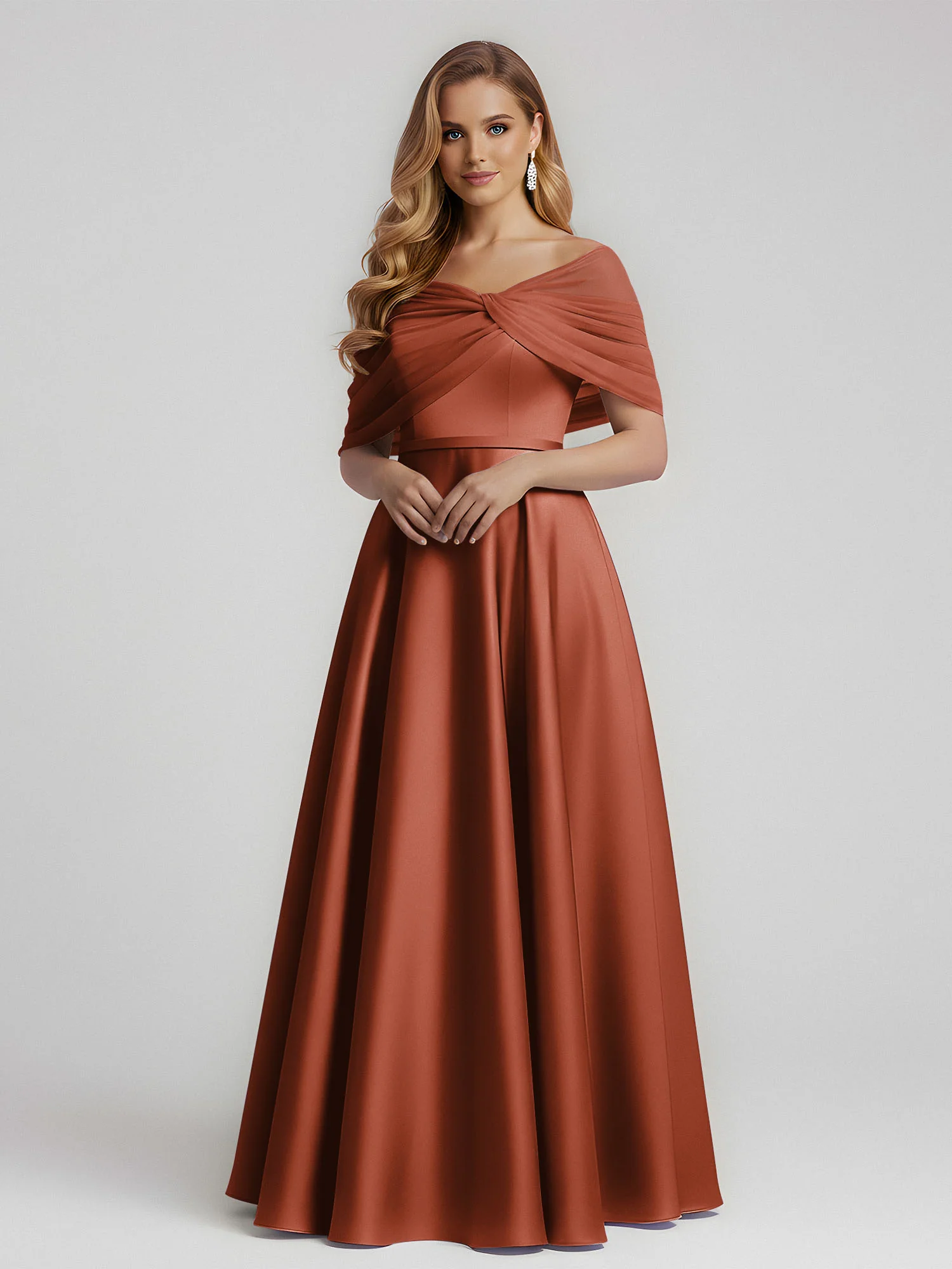 Satin A-Line Floor Length Dresses With Sheer Shawl Rust