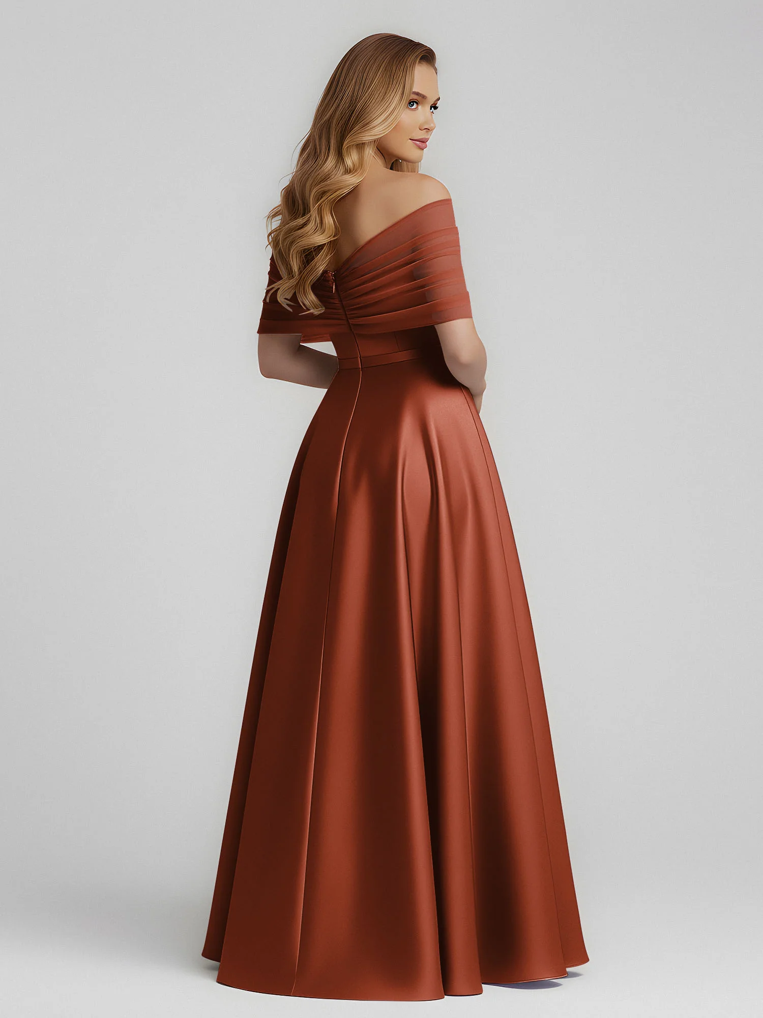 Satin A-Line Floor Length Dresses With Sheer Shawl Rust - Image 2