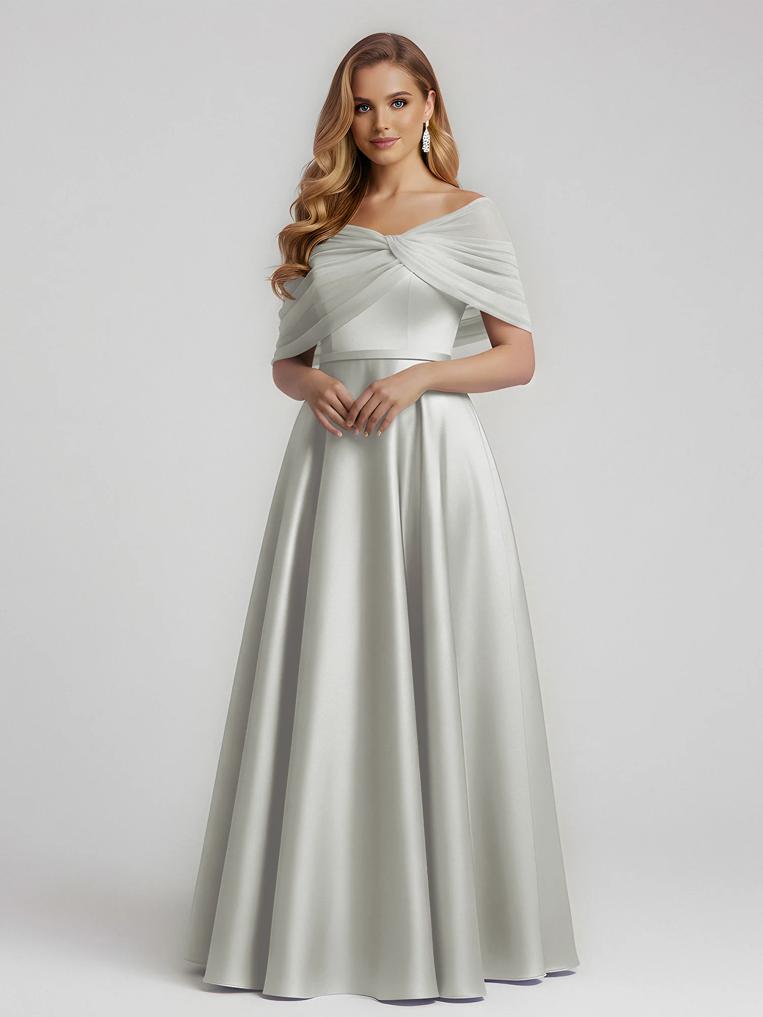Satin A-Line Floor Length Dresses With Sheer Shawl Silver