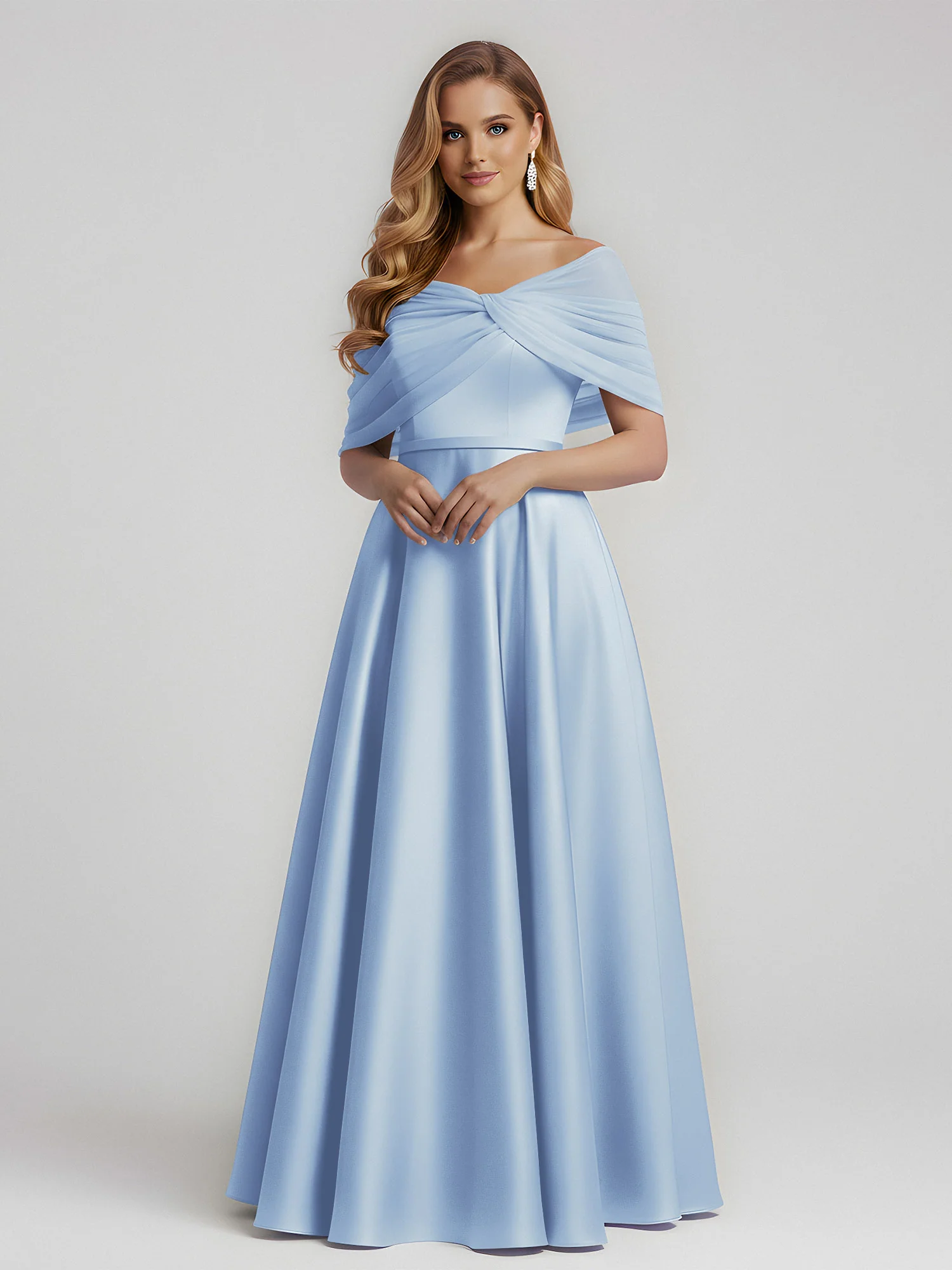 Satin A-Line Floor Length Dresses With Sheer Shawl Sky Blue