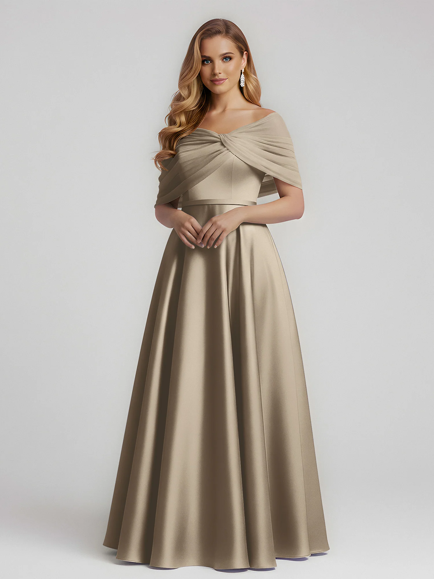 Satin A-Line Floor Length Dresses With Sheer Shawl Taupe