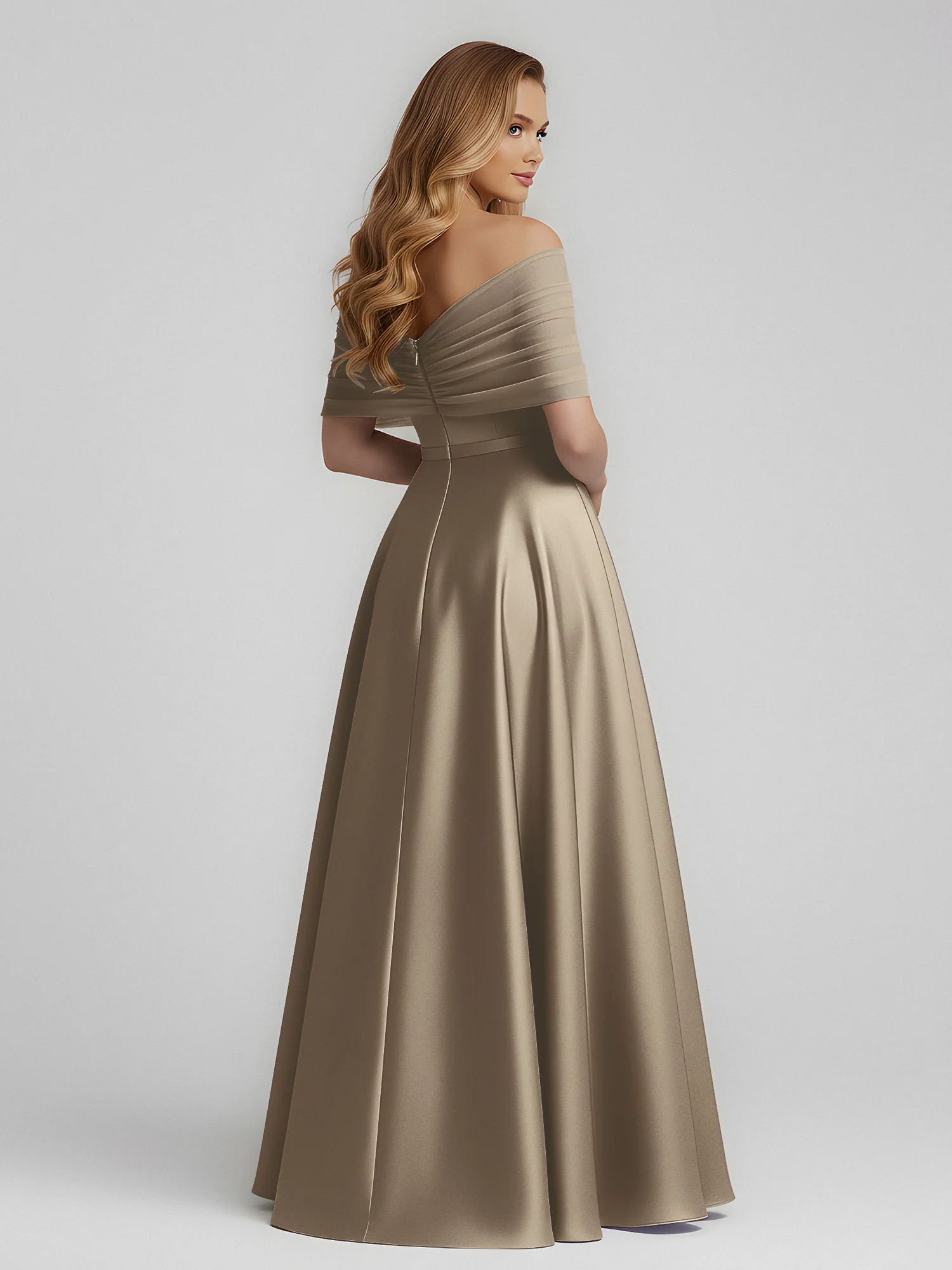 Satin A-Line Floor Length Dresses With Sheer Shawl Taupe - Image 2