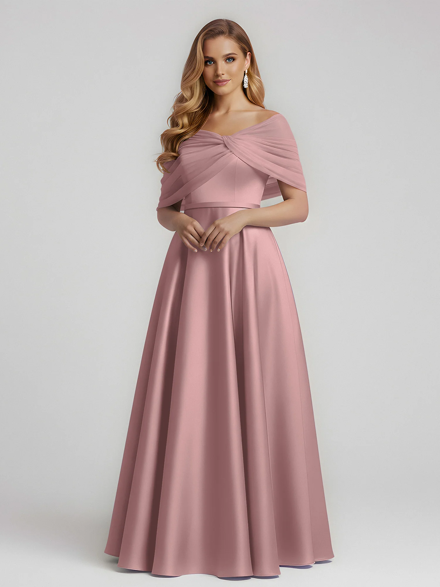 Satin A-Line Floor Length Dresses With Sheer Shawl Vintage Mauve