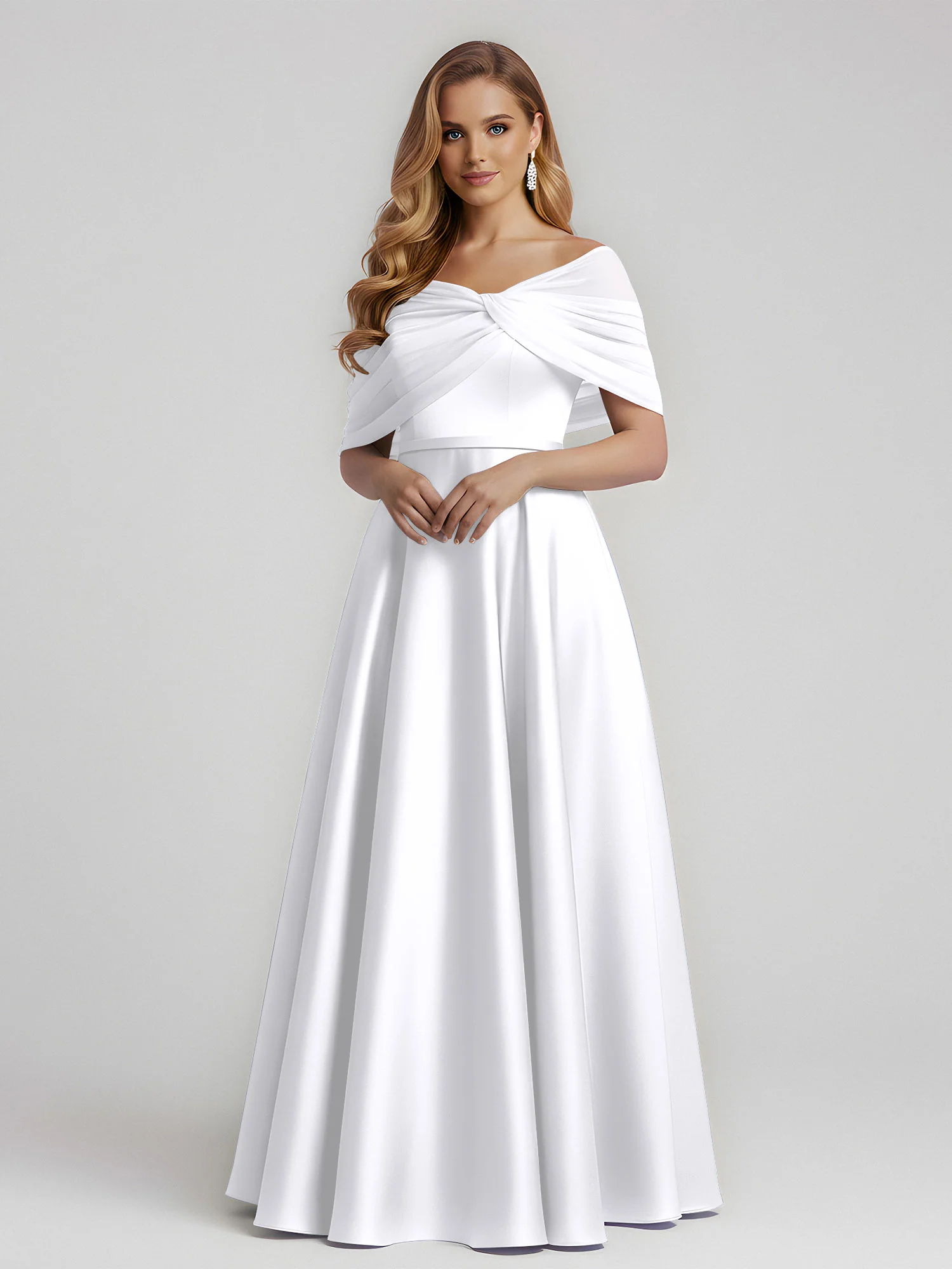 Satin A-Line Floor Length Dresses With Sheer Shawl White