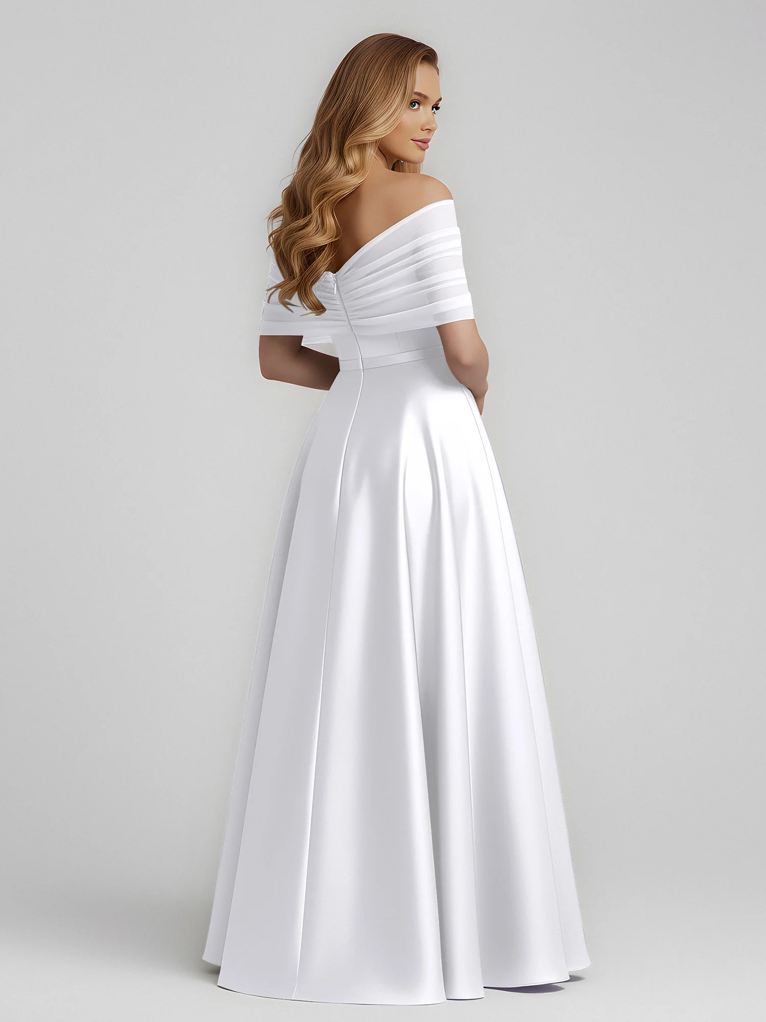 Satin A-Line Floor Length Dresses With Sheer Shawl White - Image 2