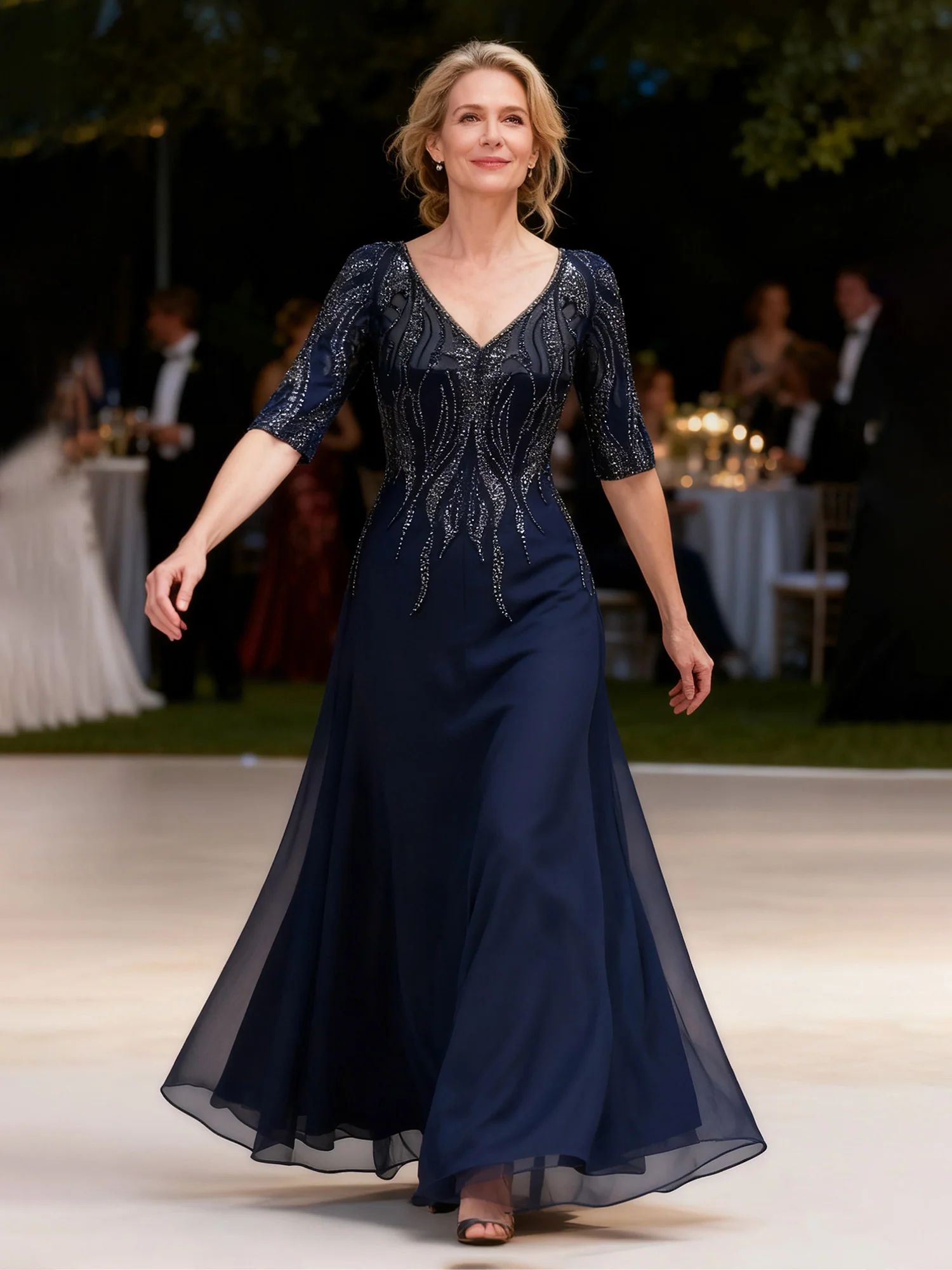 Flowing Skirt Formal Wear with Structured Sequin Top Dark Navy
