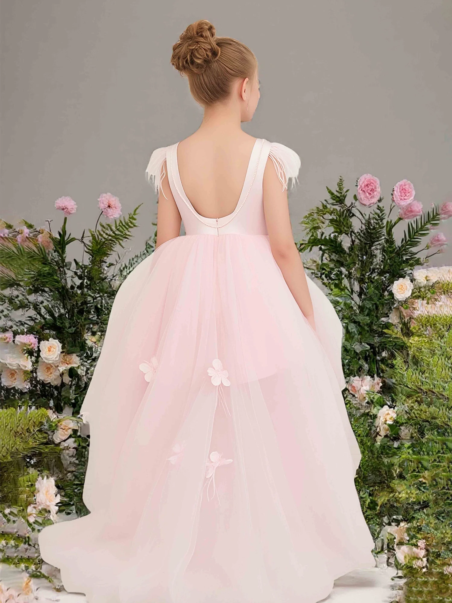 Feather Shoulder High-Low Tulle Flower Girl Dress Blushing Pink - Image 2