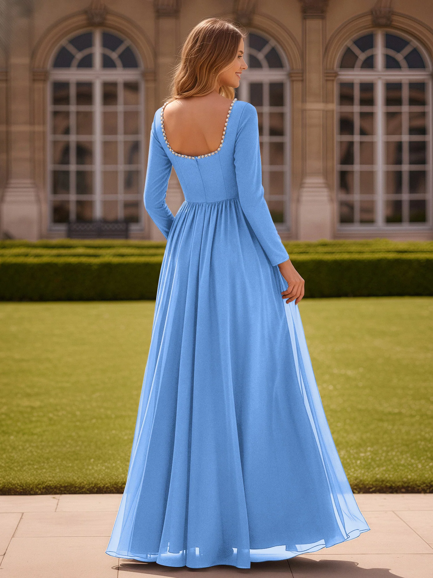 Pearl Square Neck Long Sleeve Dress With Slit Blue - Image 2