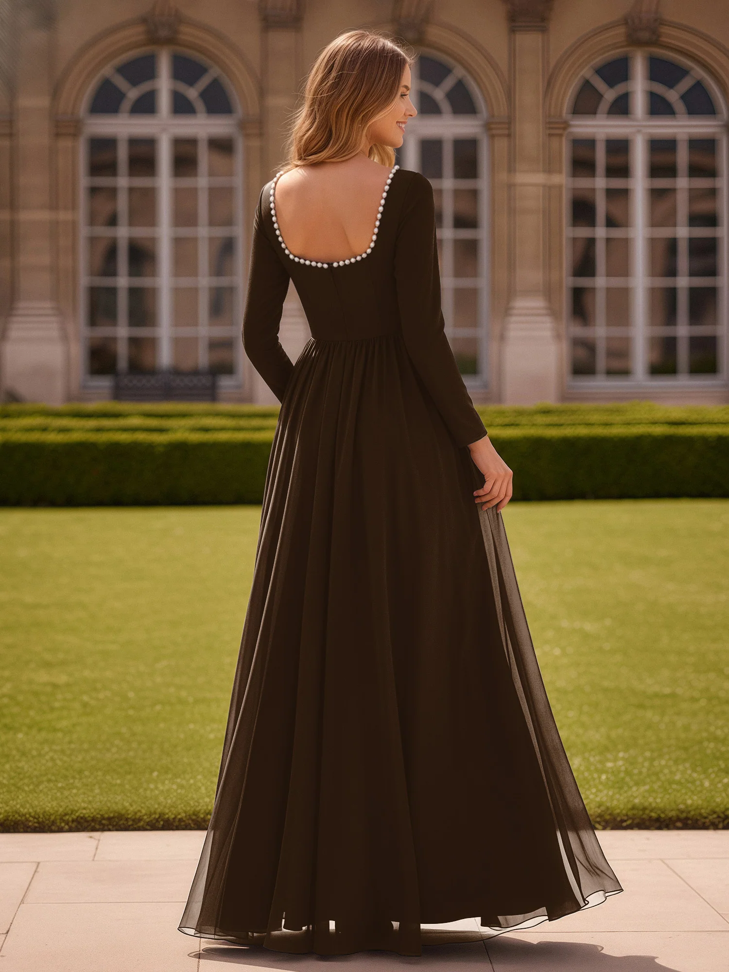 Pearl Square Neck Long Sleeve Dress With Slit Brown - Image 2