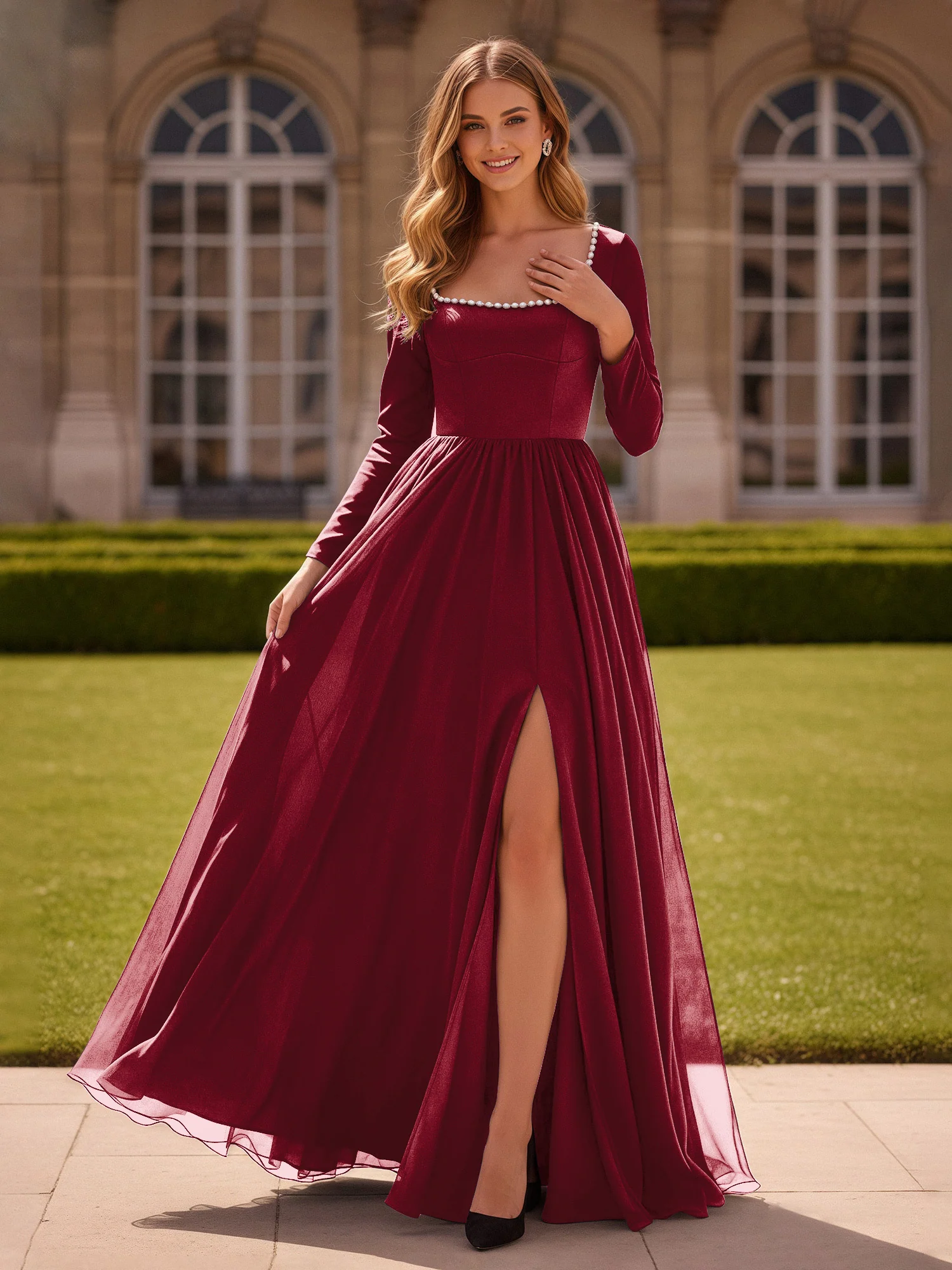Pearl Square Neck Long Sleeve Dress With Slit Burgundy