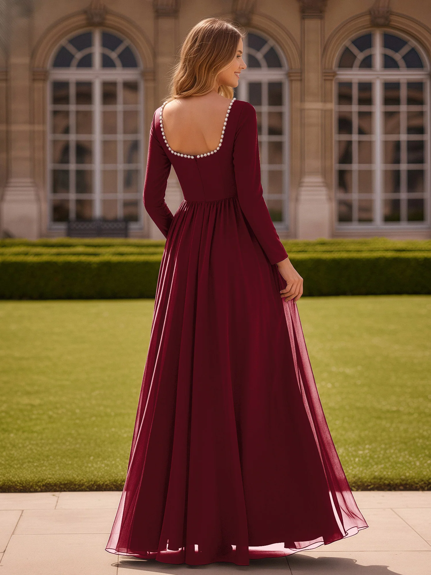 Pearl Square Neck Long Sleeve Dress With Slit Burgundy - Image 2