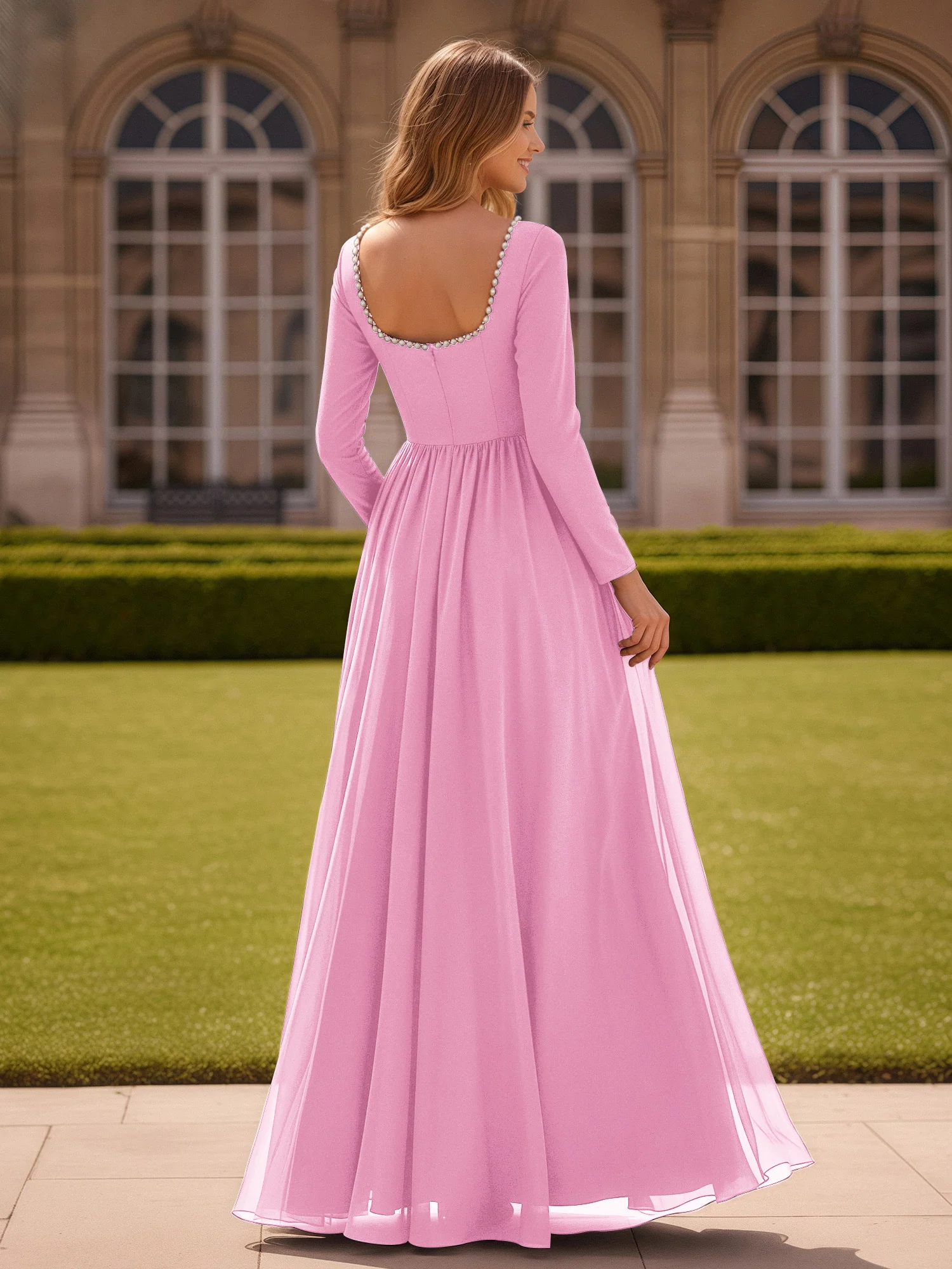 Pearl Square Neck Long Sleeve Dress With Slit Candy Pink - Image 2