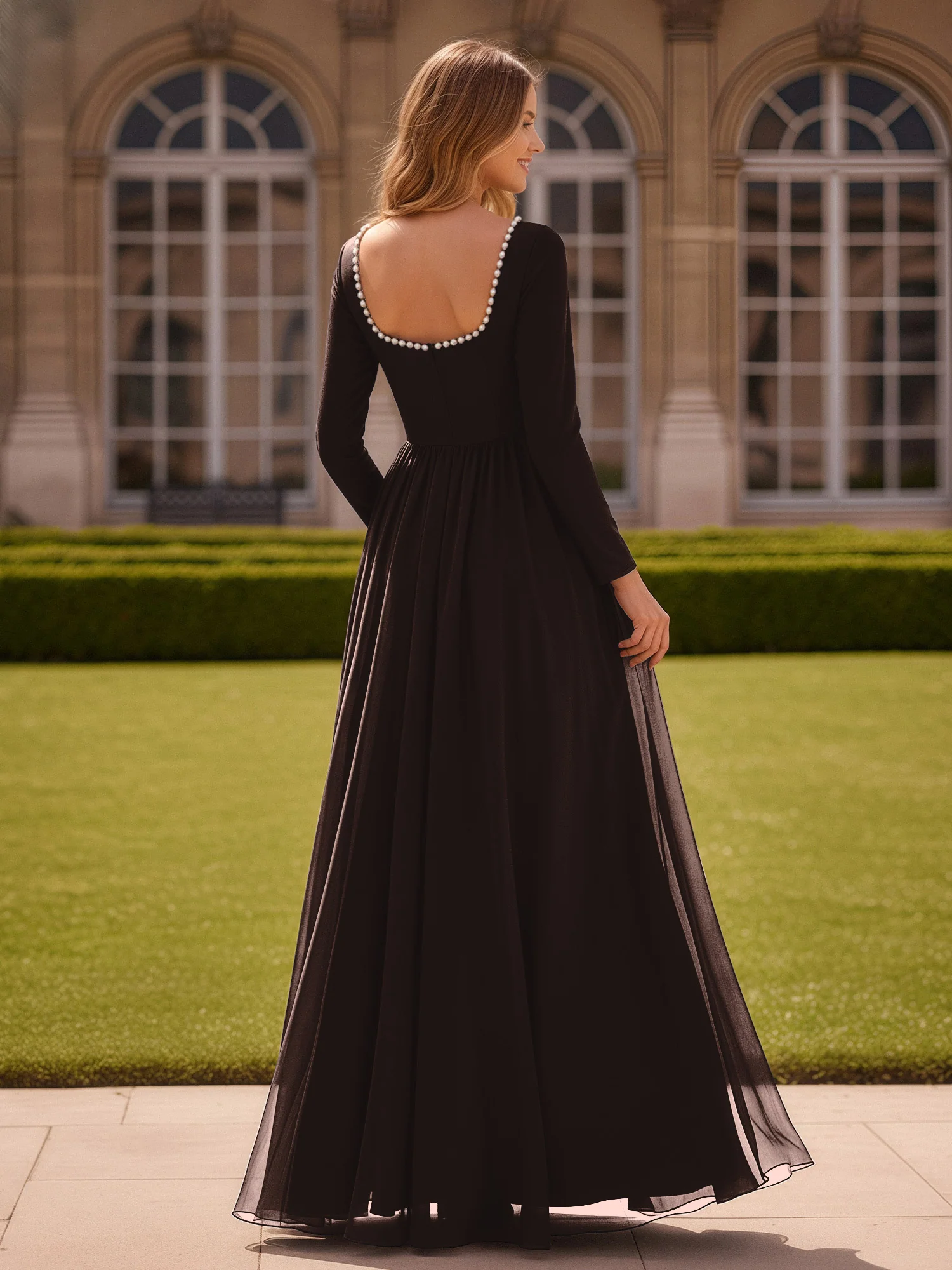 Pearl Square Neck Long Sleeve Dress With Slit Chocolate - Image 2