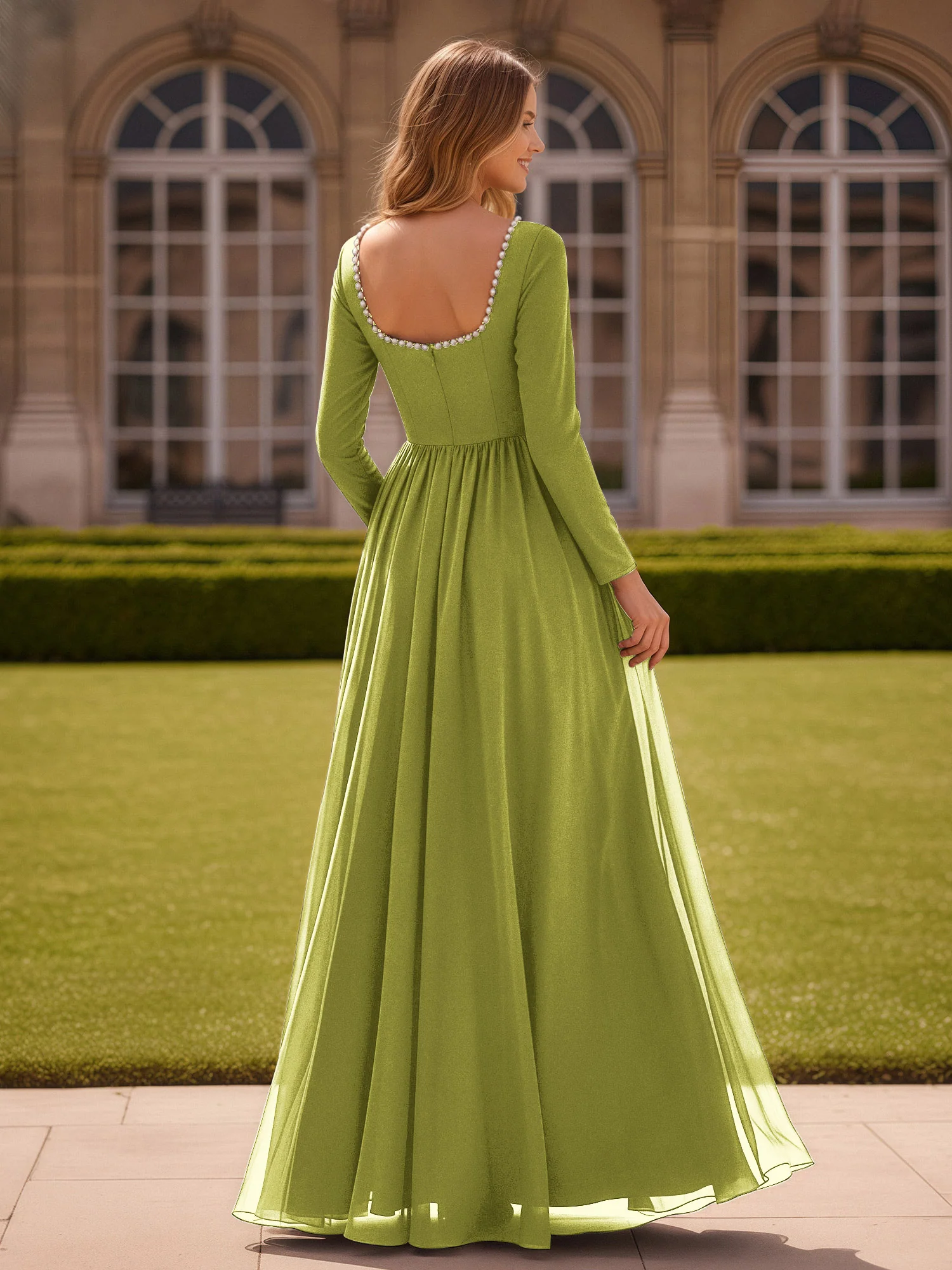Pearl Square Neck Long Sleeve Dress With Slit Clover - Image 2