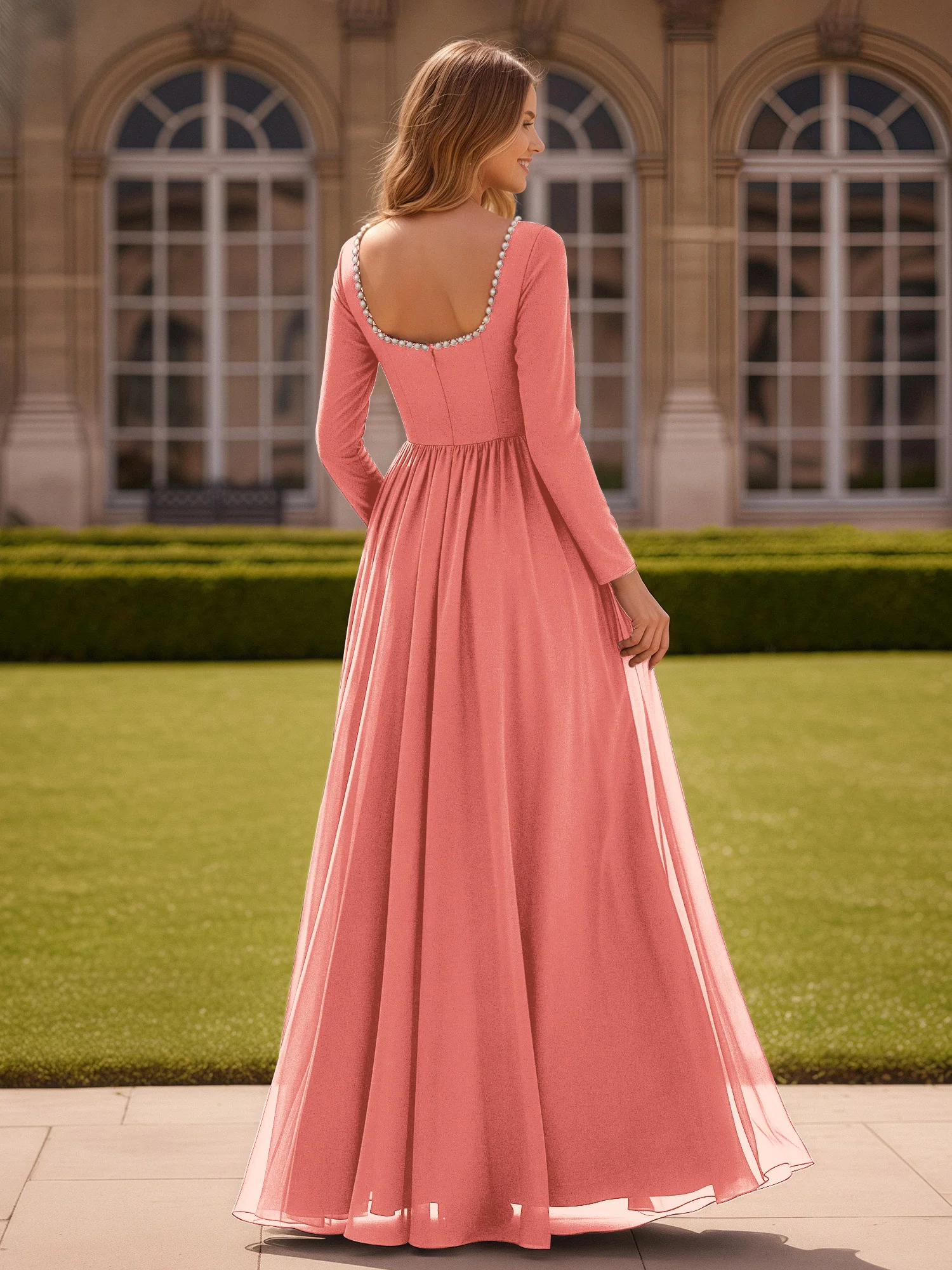 Pearl Square Neck Long Sleeve Dress With Slit Coral - Image 2