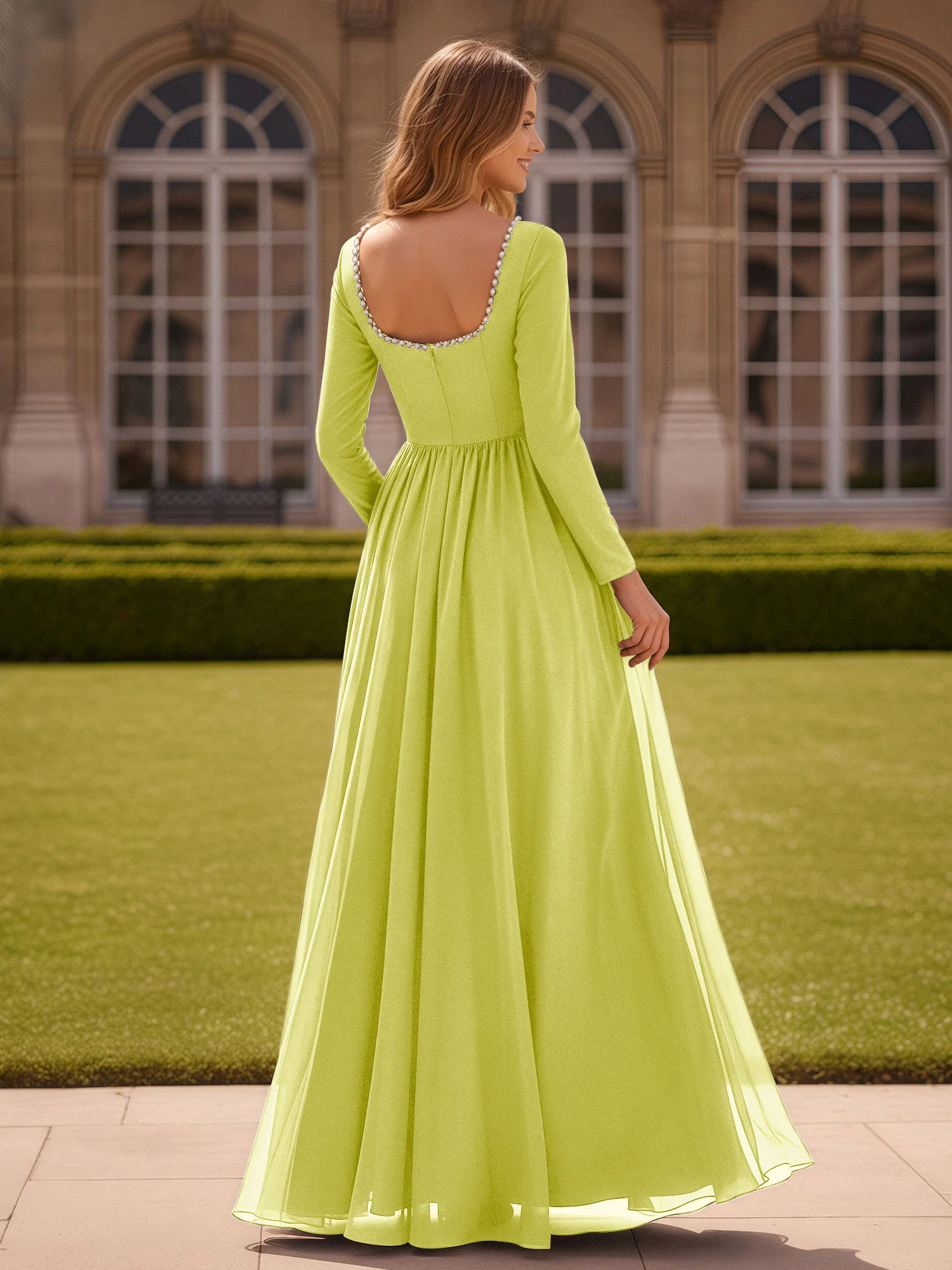 Pearl Square Neck Long Sleeve Dress With Slit Daffodil - Image 2