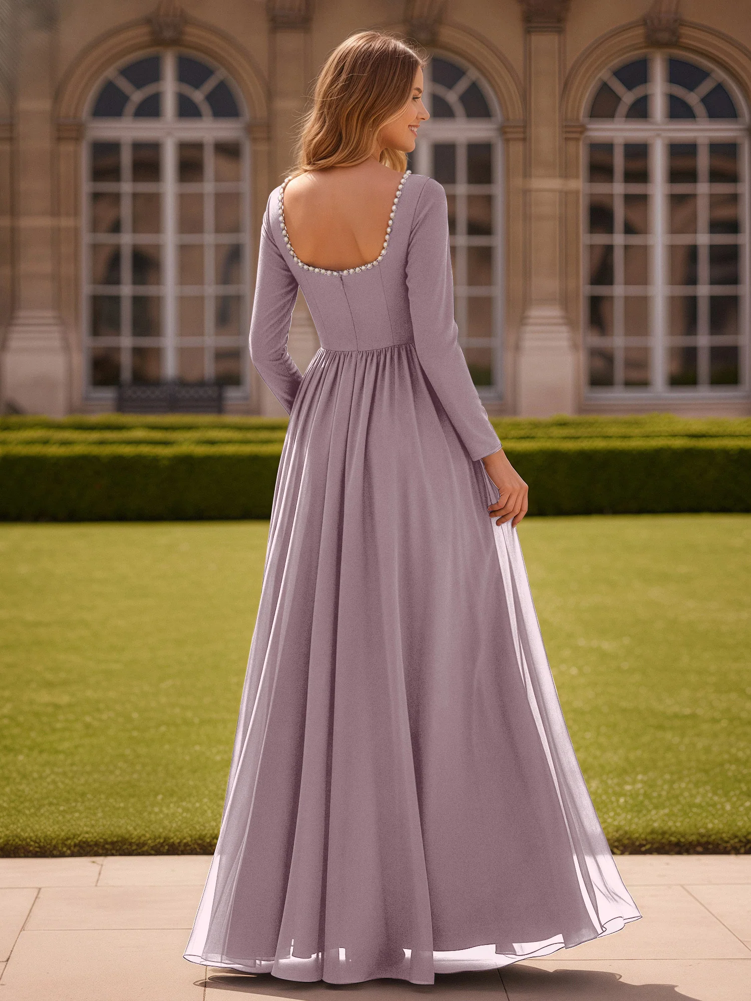 Pearl Square Neck Long Sleeve Dress With Slit Dusk - Image 2