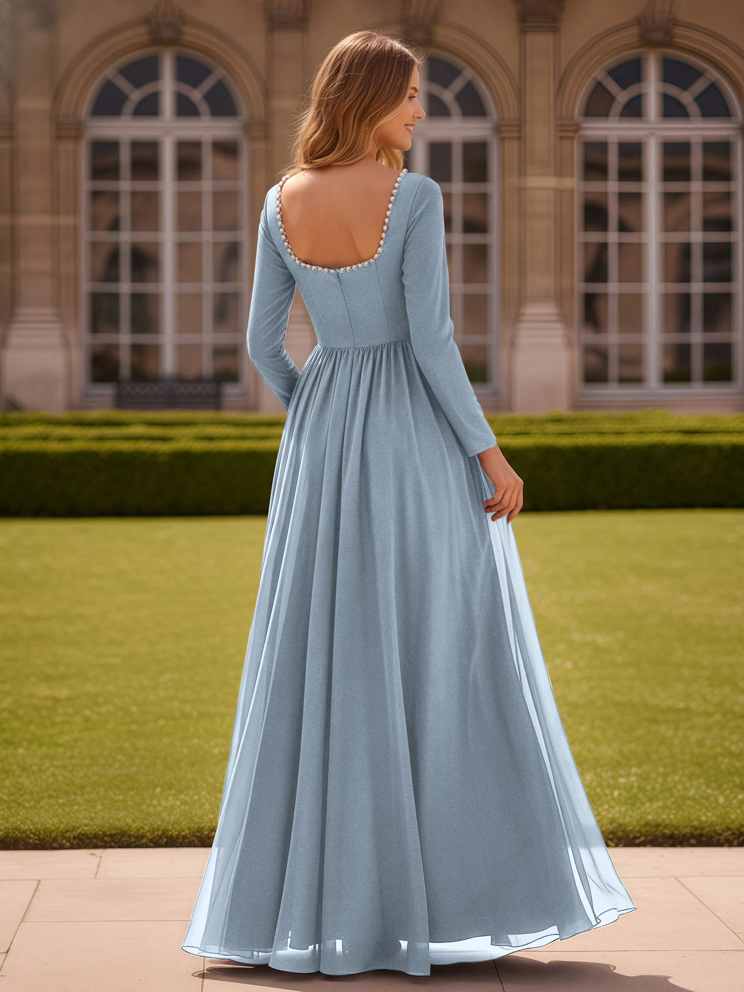 Pearl Square Neck Long Sleeve Dress With Slit Dusty Blue - Image 2