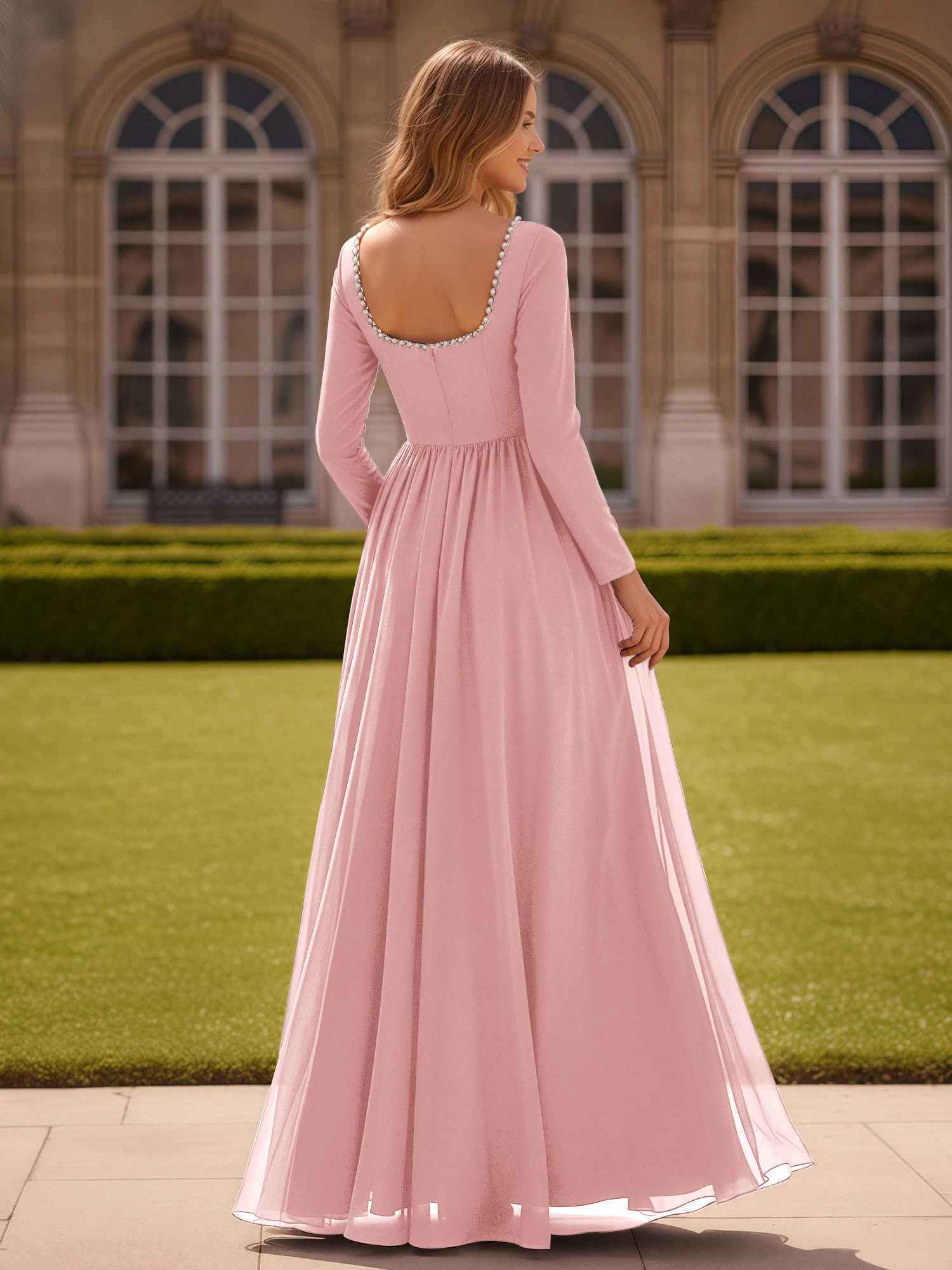 Pearl Square Neck Long Sleeve Dress With Slit Dusty Rose - Image 2