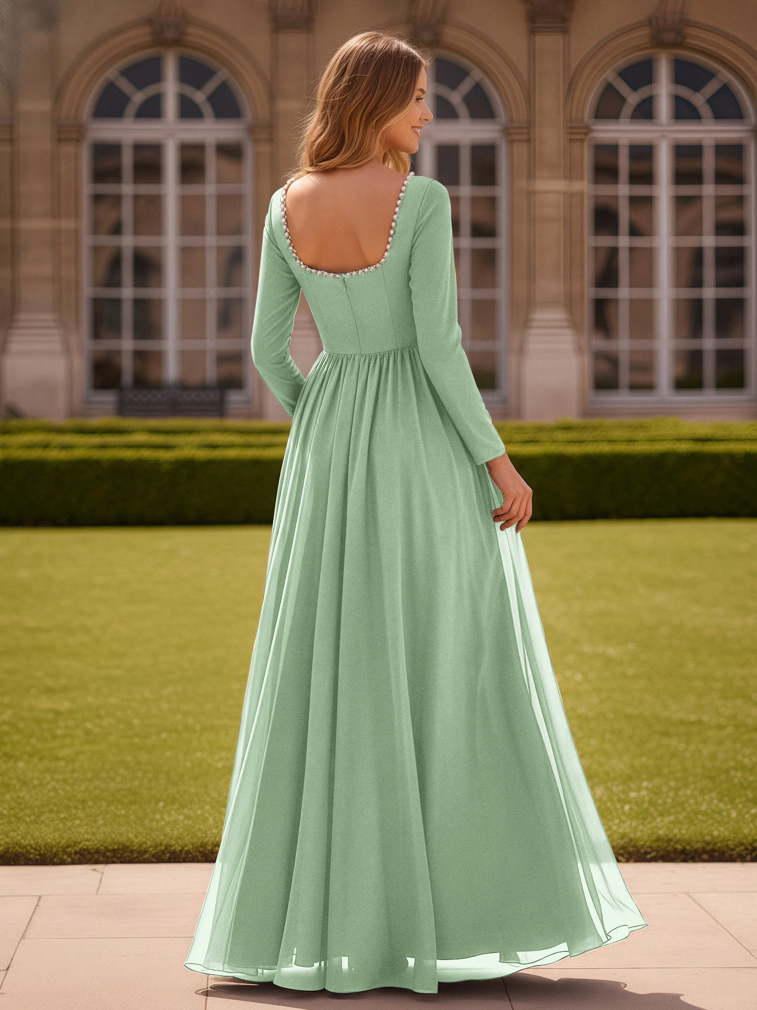 Pearl Square Neck Long Sleeve Dress With Slit Dusty Sage - Image 2