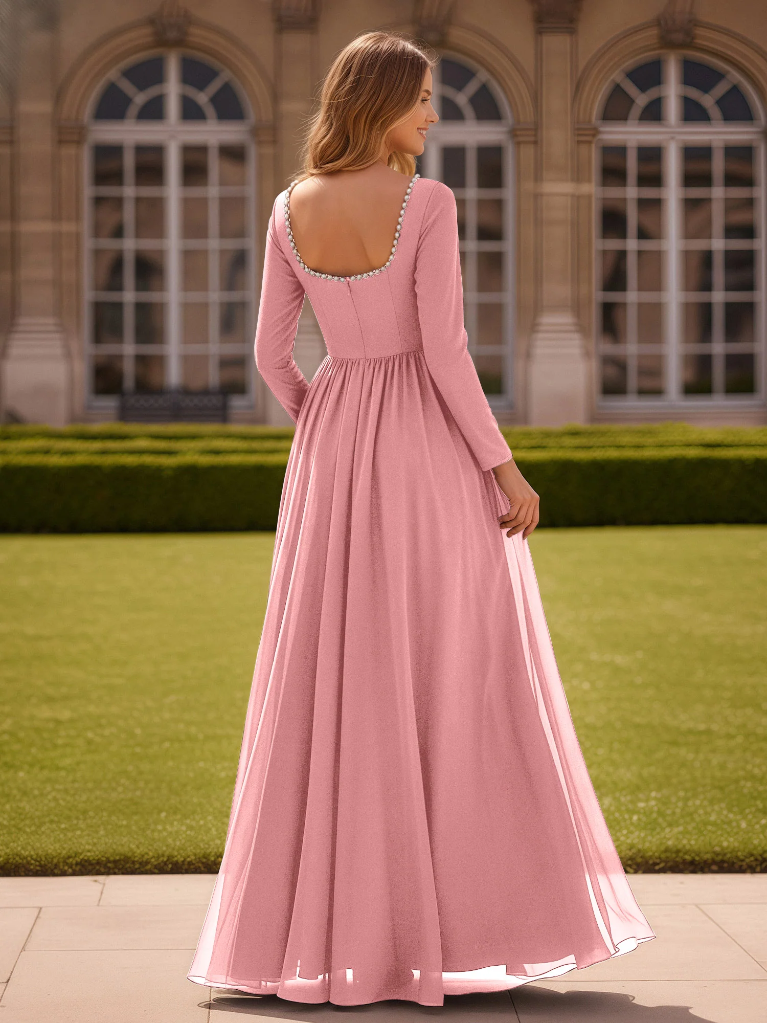 Pearl Square Neck Long Sleeve Dress With Slit Flamingo - Image 2