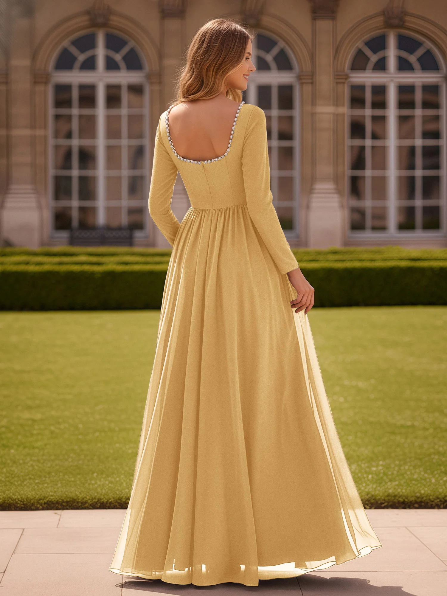 Pearl Square Neck Long Sleeve Dress With Slit Gold - Image 2