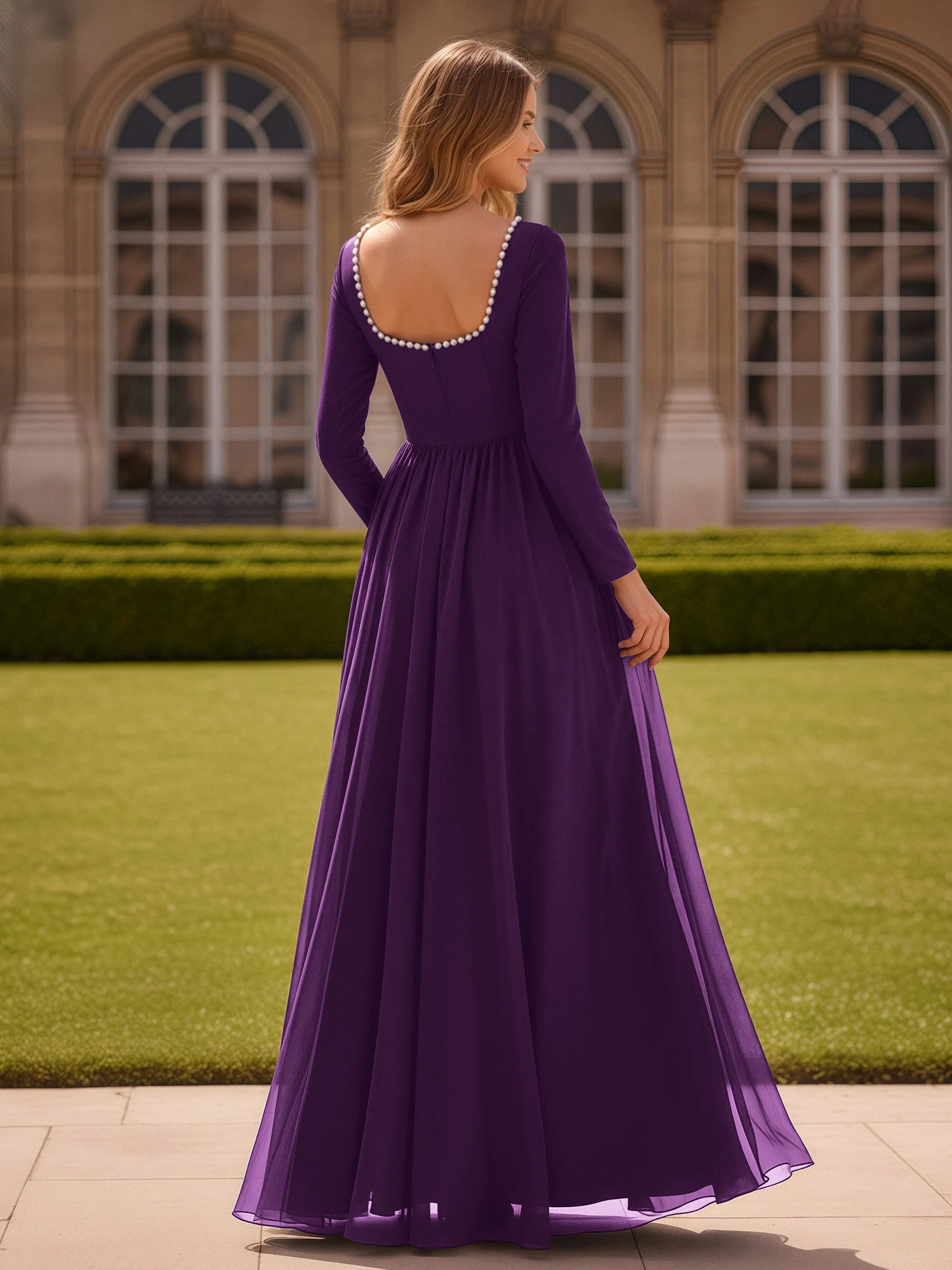 Pearl Square Neck Long Sleeve Dress With Slit Grape - Image 2