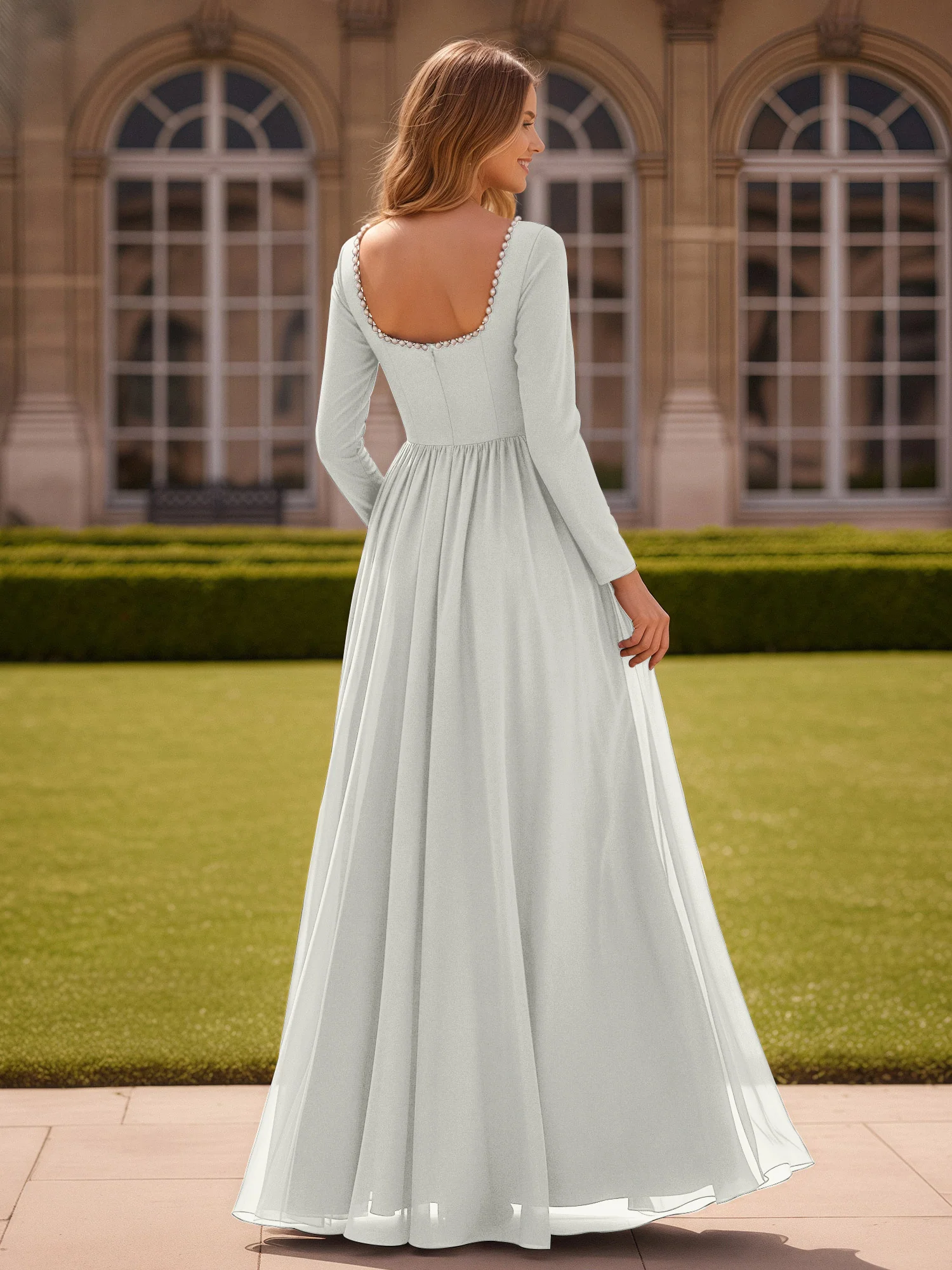 Pearl Square Neck Long Sleeve Dress With Slit Ivory - Image 2