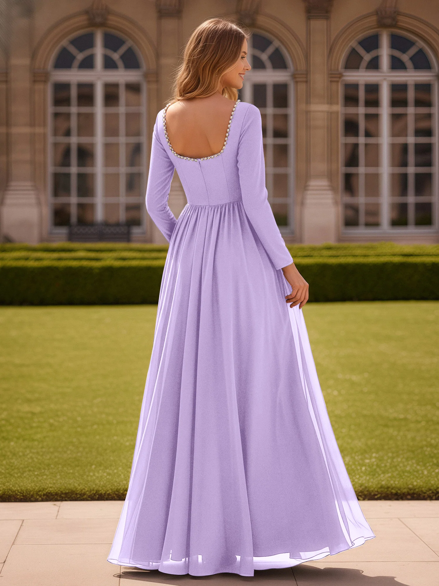 Pearl Square Neck Long Sleeve Dress With Slit Lilac - Image 2
