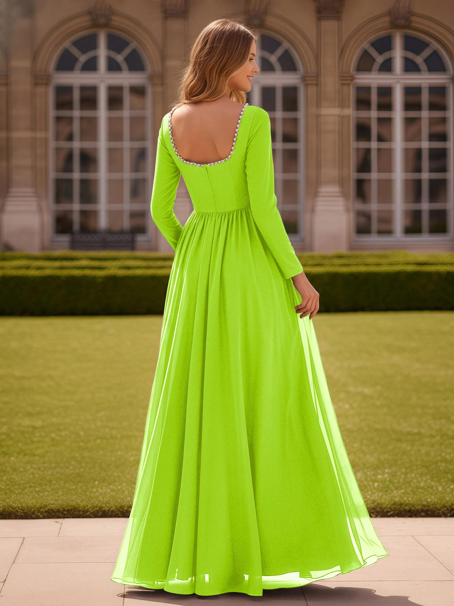 Pearl Square Neck Long Sleeve Dress With Slit Lime Green - Image 2