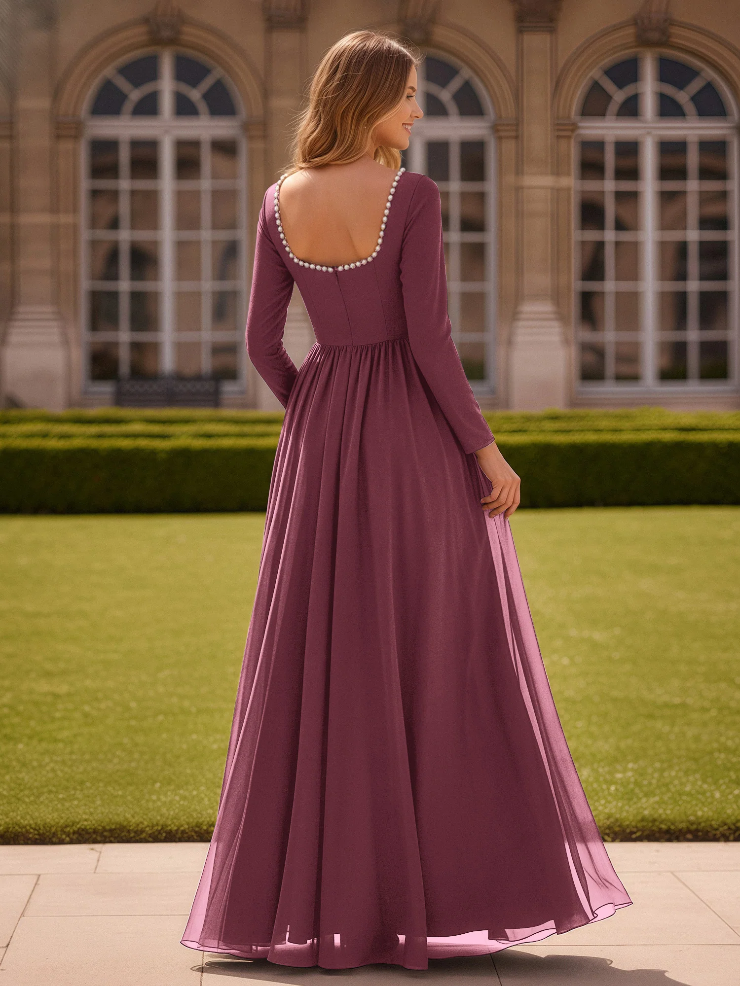 Pearl Square Neck Long Sleeve Dress With Slit Mulberry - Image 2