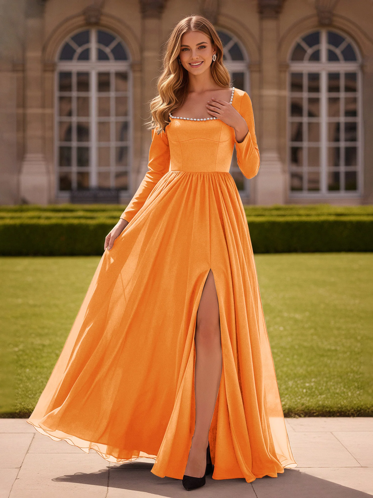 Pearl Square Neck Long Sleeve Dress With Slit Orange
