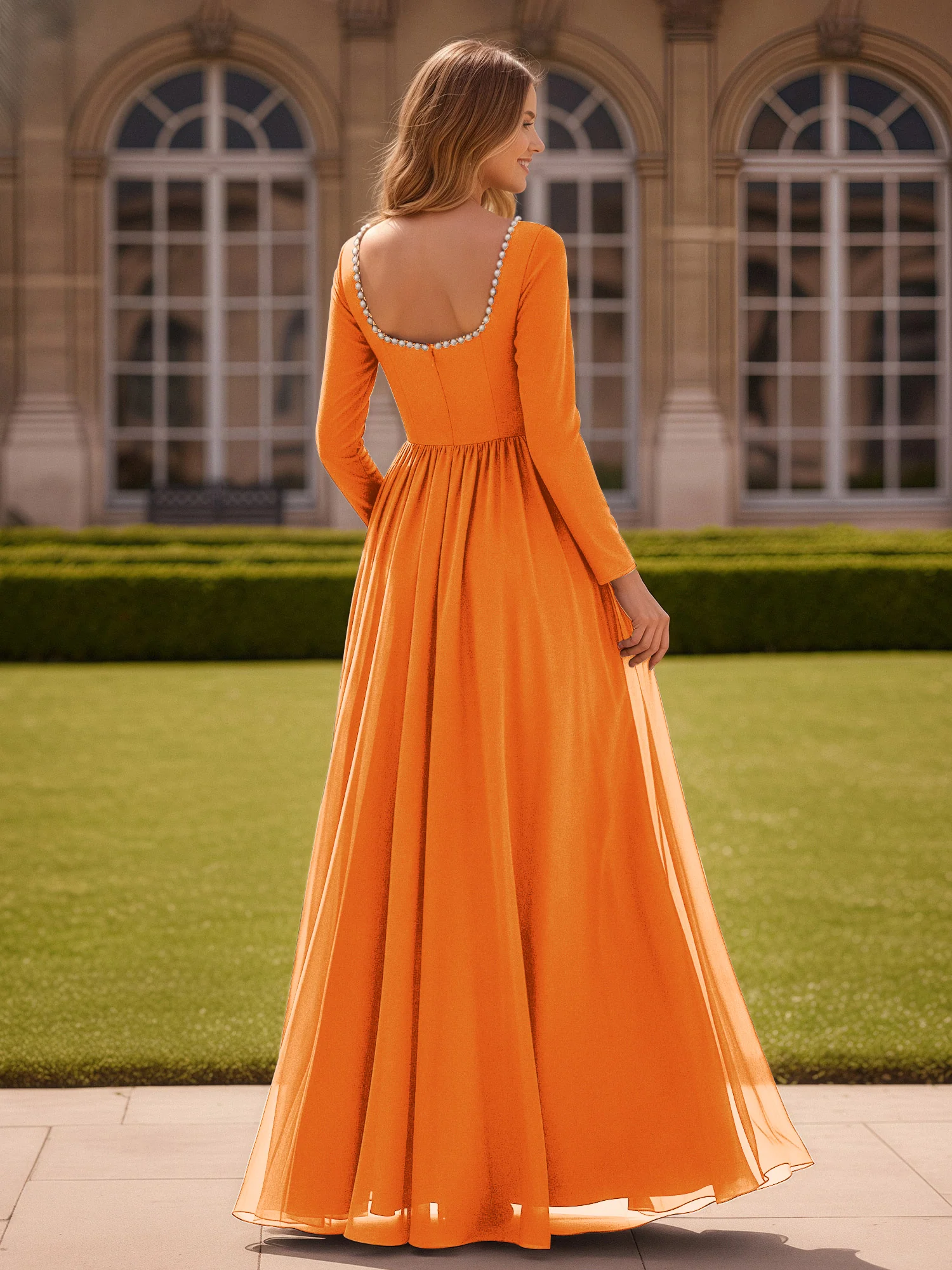 Pearl Square Neck Long Sleeve Dress With Slit Orange - Image 2