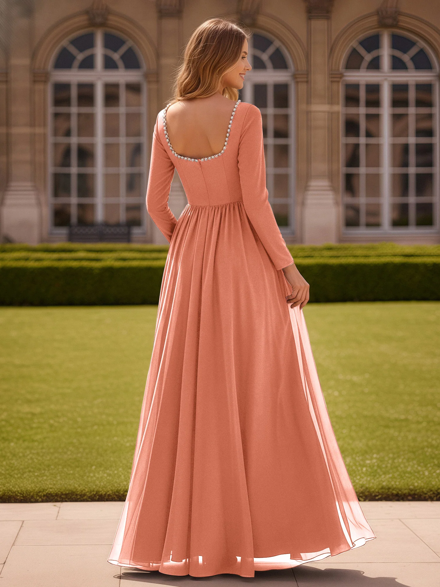 Pearl Square Neck Long Sleeve Dress With Slit Papaya - Image 2