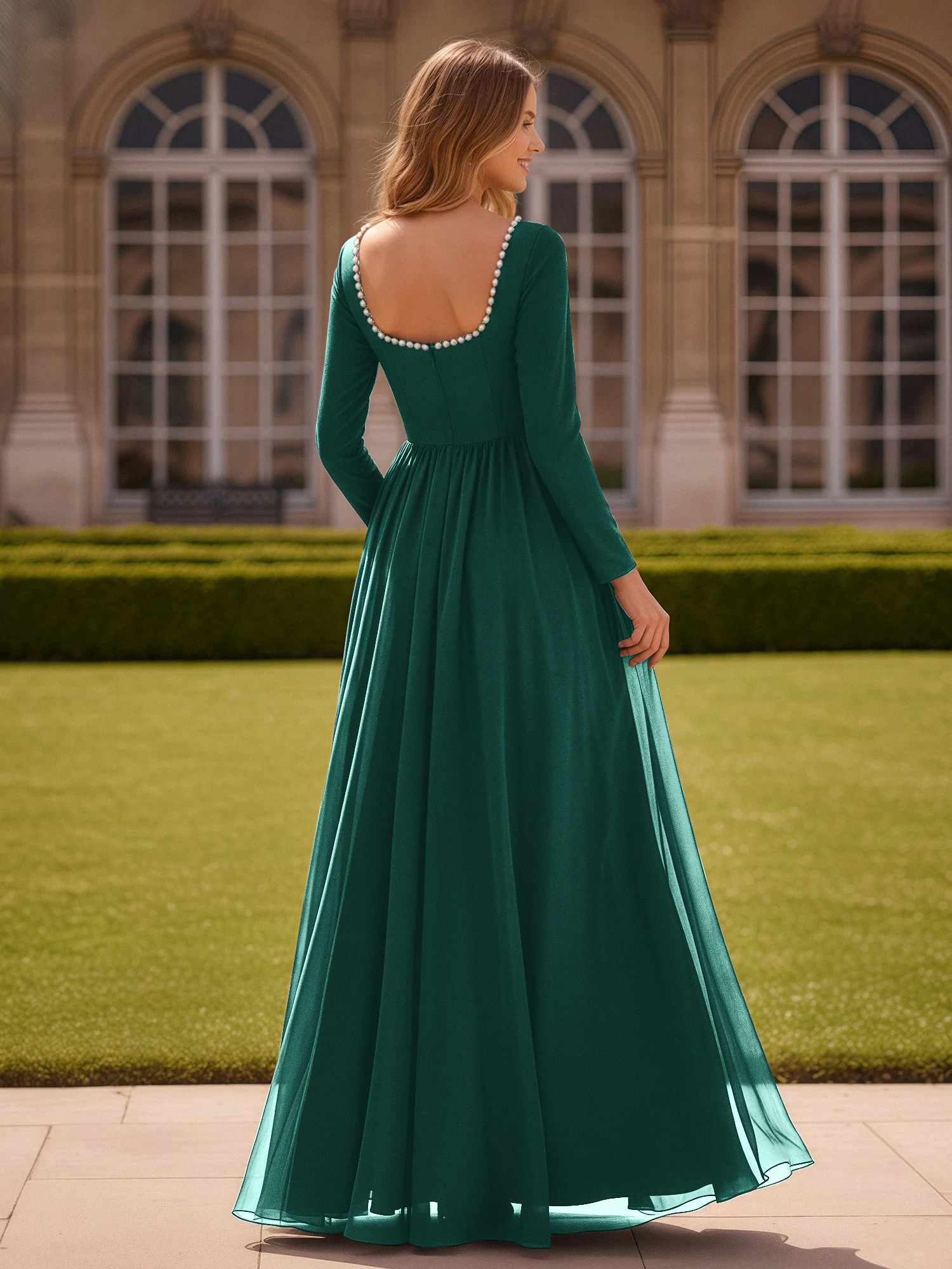 Pearl Square Neck Long Sleeve Dress With Slit Peacock - Image 2