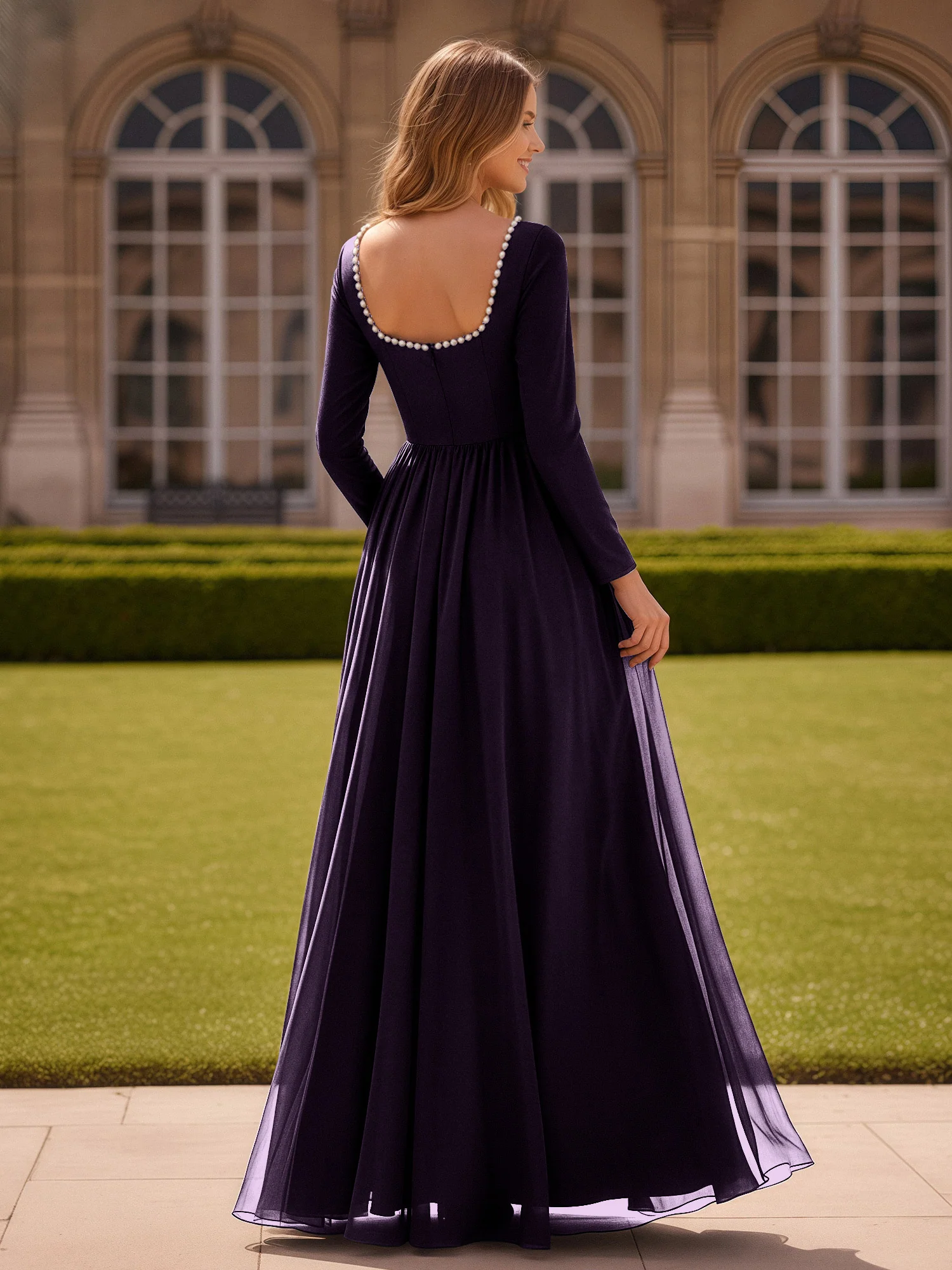 Pearl Square Neck Long Sleeve Dress With Slit Plum - Image 2
