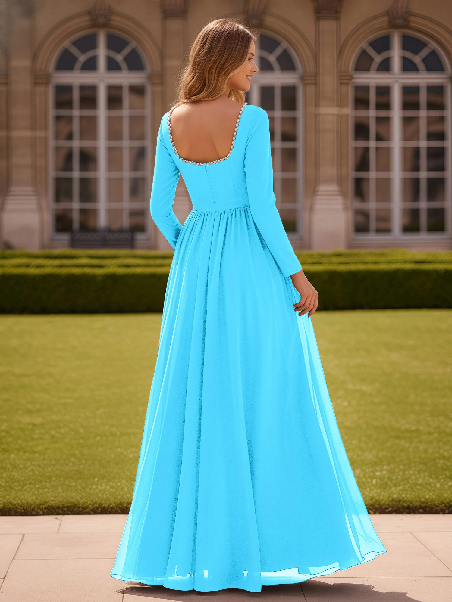 Pearl Square Neck Long Sleeve Dress With Slit Pool - Image 2