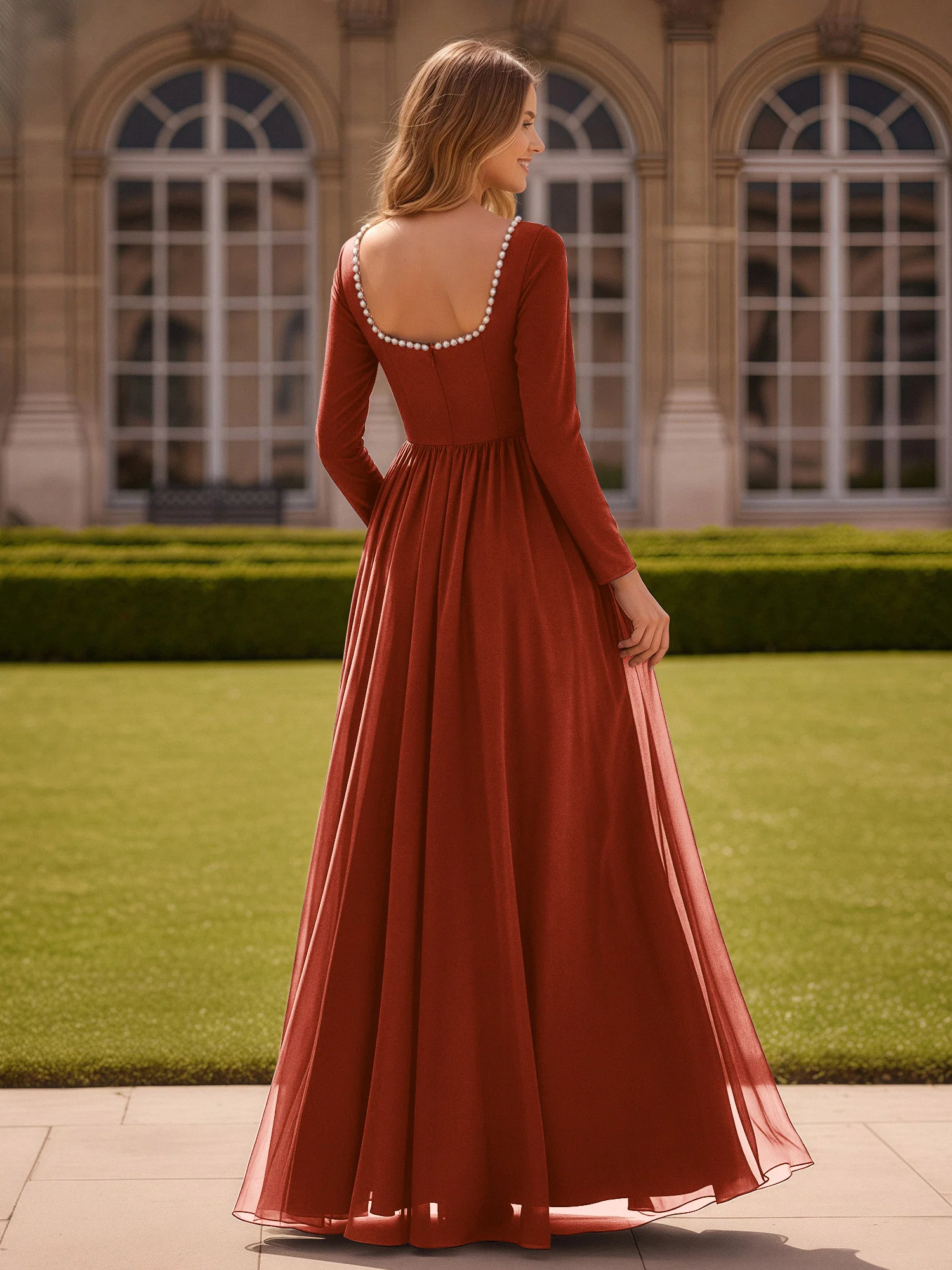 Pearl Square Neck Long Sleeve Dress With Slit Rust - Image 2