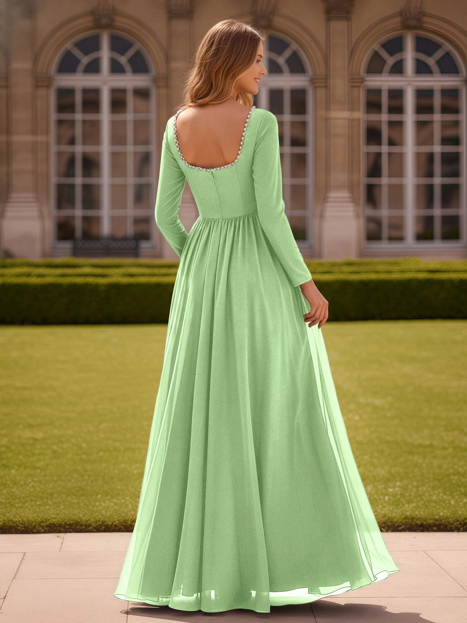 Pearl Square Neck Long Sleeve Dress With Slit Sage - Image 2