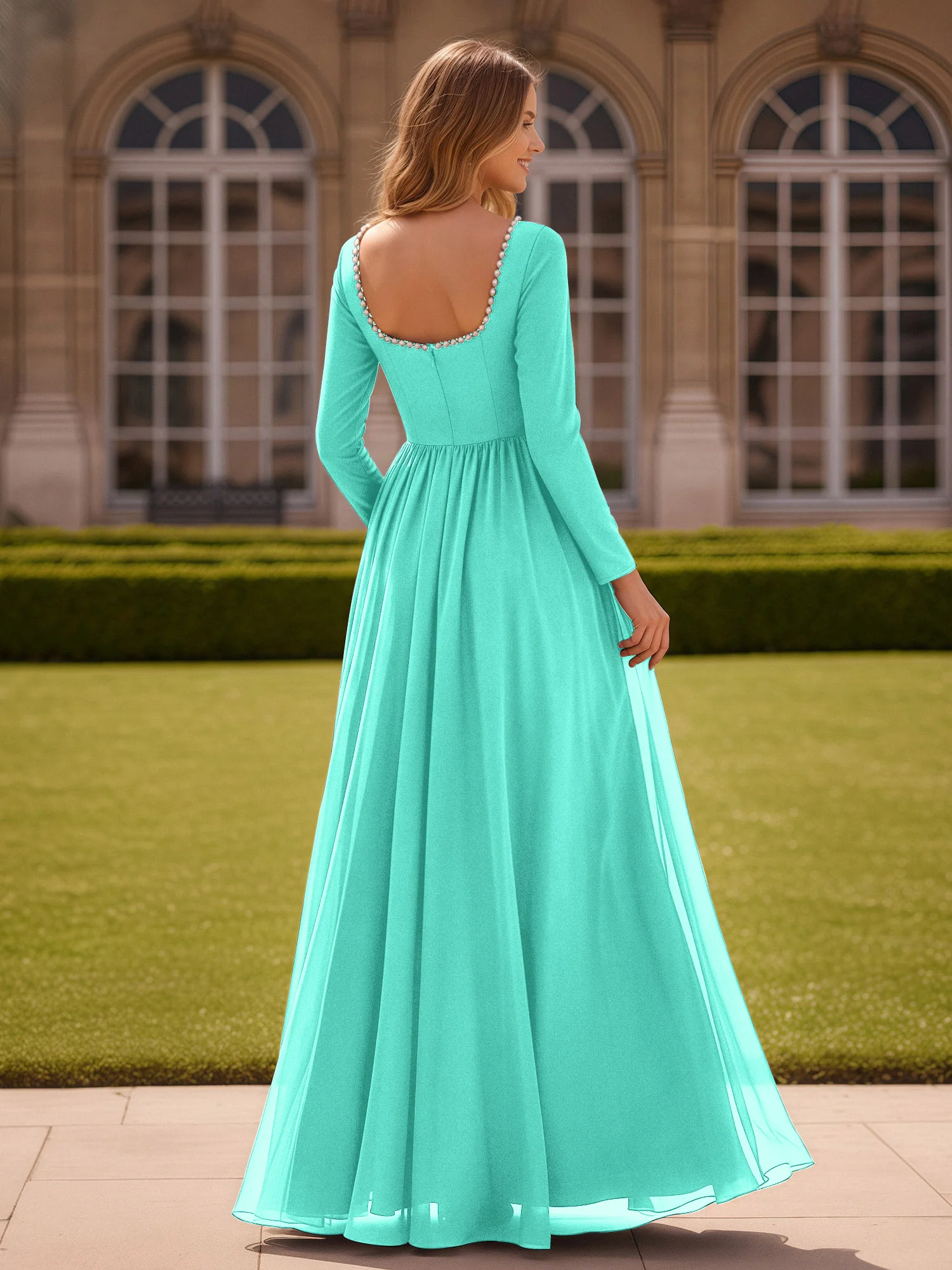 Pearl Square Neck Long Sleeve Dress With Slit Spa - Image 2