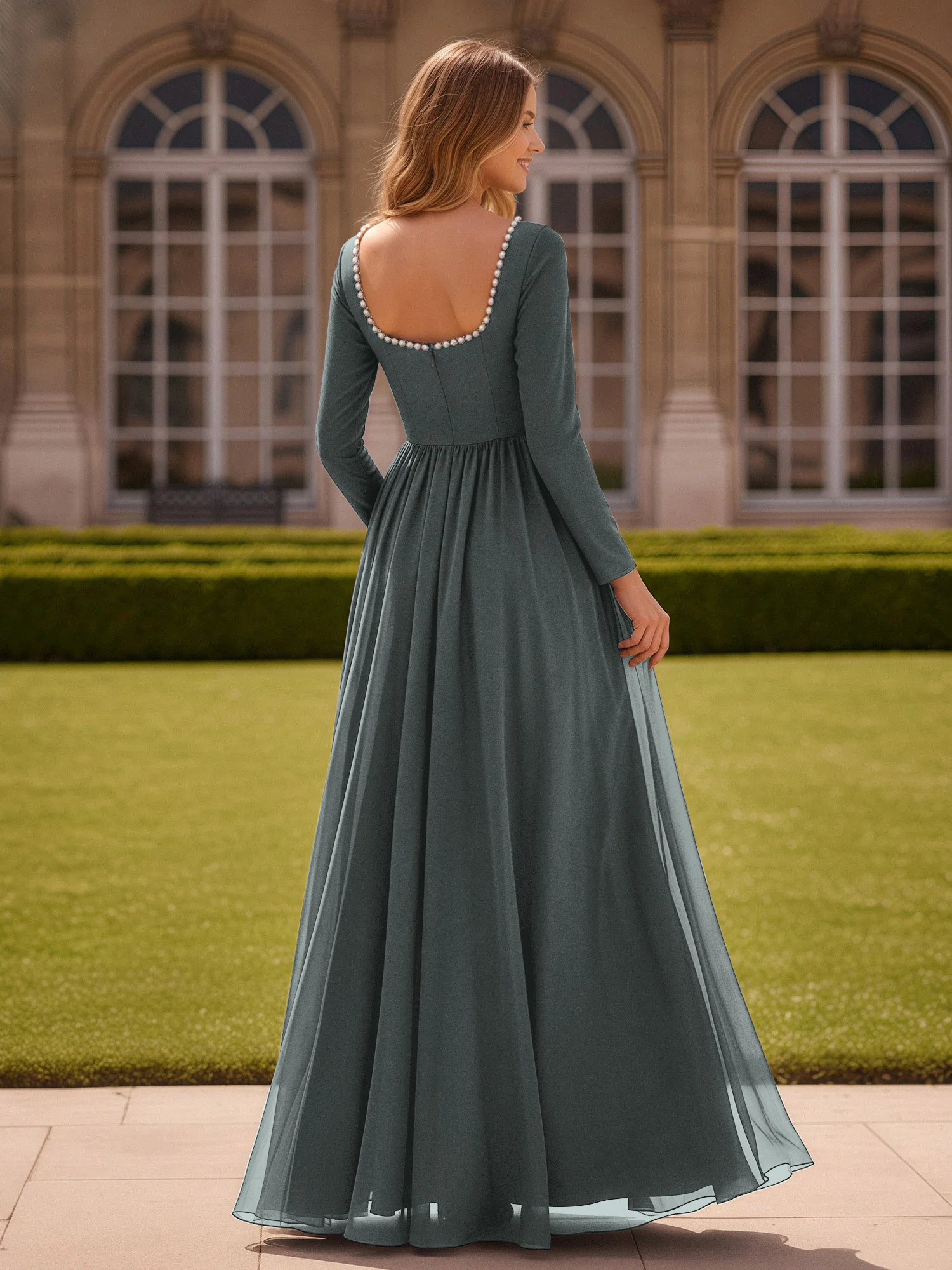 Pearl Square Neck Long Sleeve Dress With Slit Steel Grey - Image 2