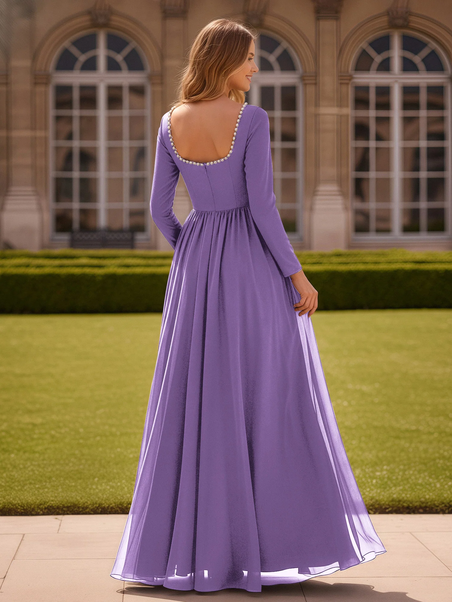 Pearl Square Neck Long Sleeve Dress With Slit Tahiti - Image 2