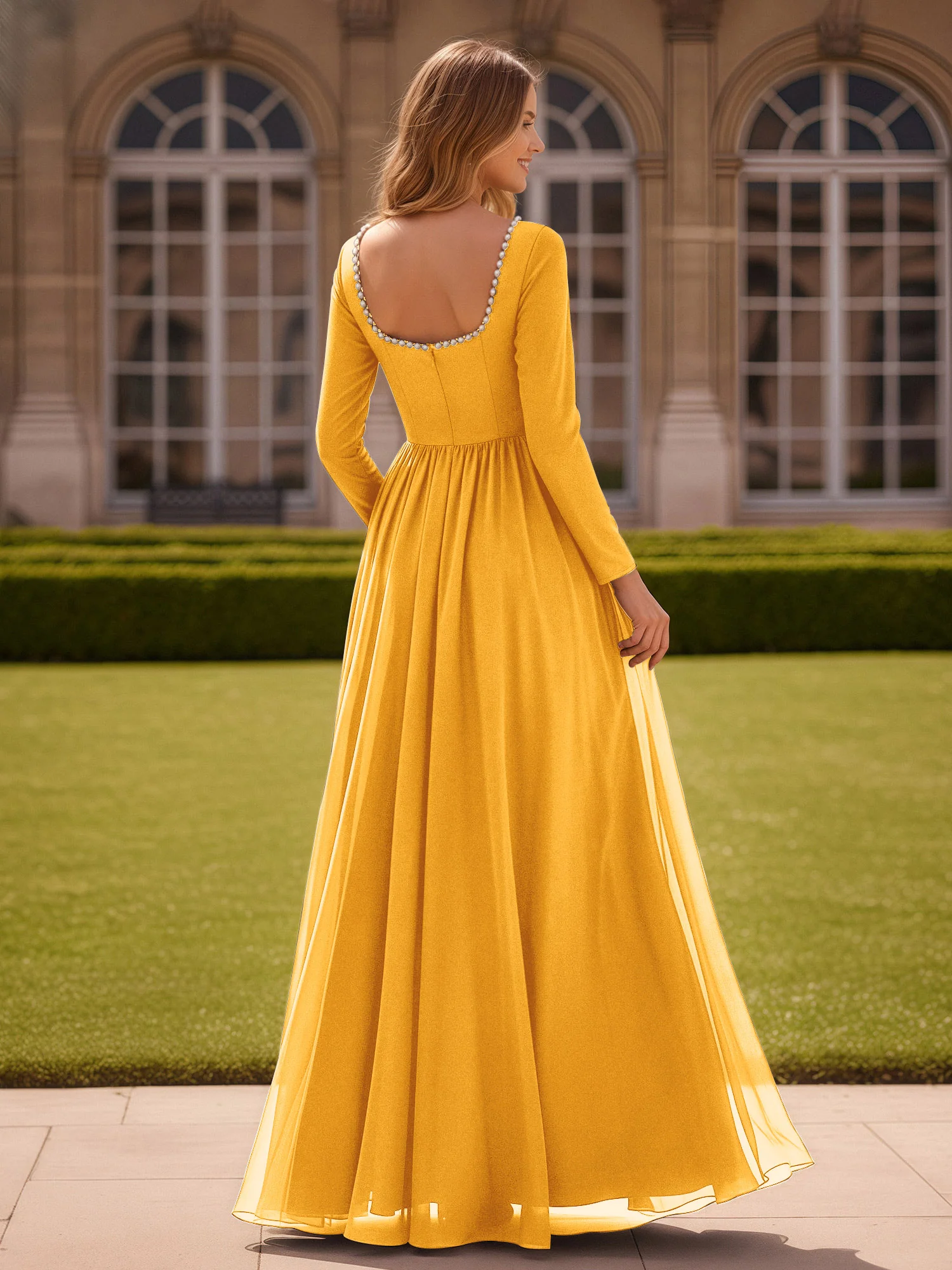 Pearl Square Neck Long Sleeve Dress With Slit Tangerine - Image 2