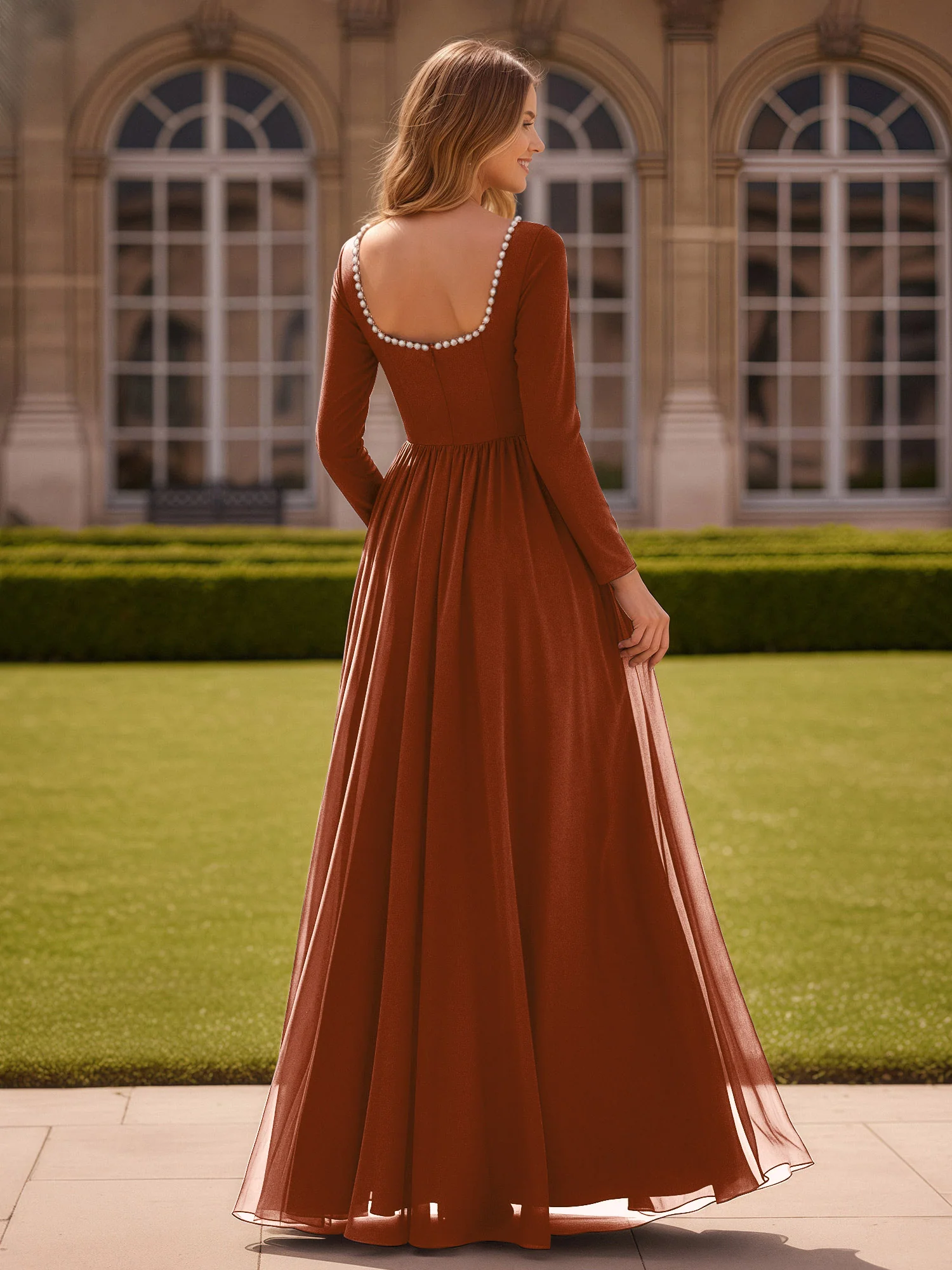 Pearl Square Neck Long Sleeve Dress With Slit Terracotta - Image 2