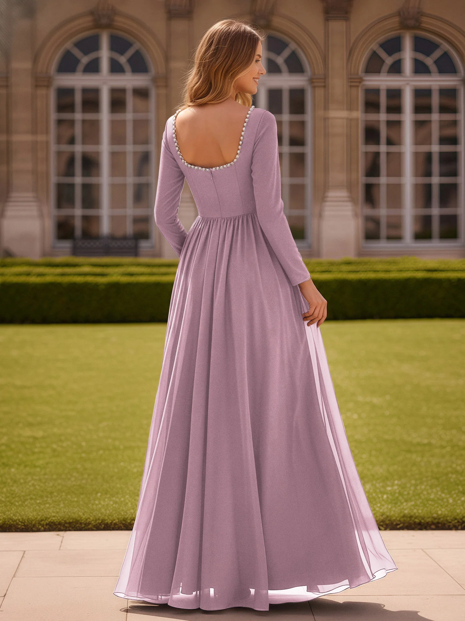 Pearl Square Neck Long Sleeve Dress With Slit Vintage Mauve - Image 2