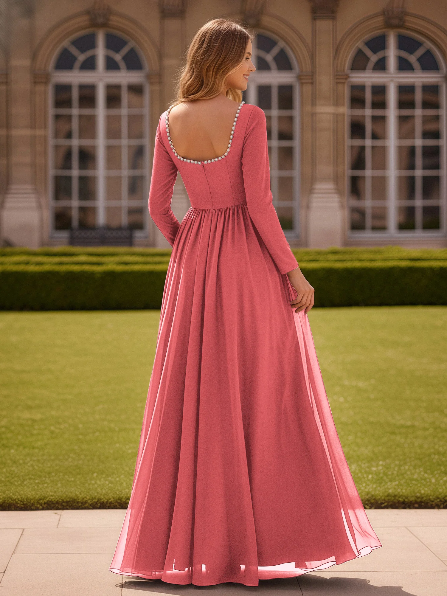Pearl Square Neck Long Sleeve Dress With Slit Watermelon - Image 2