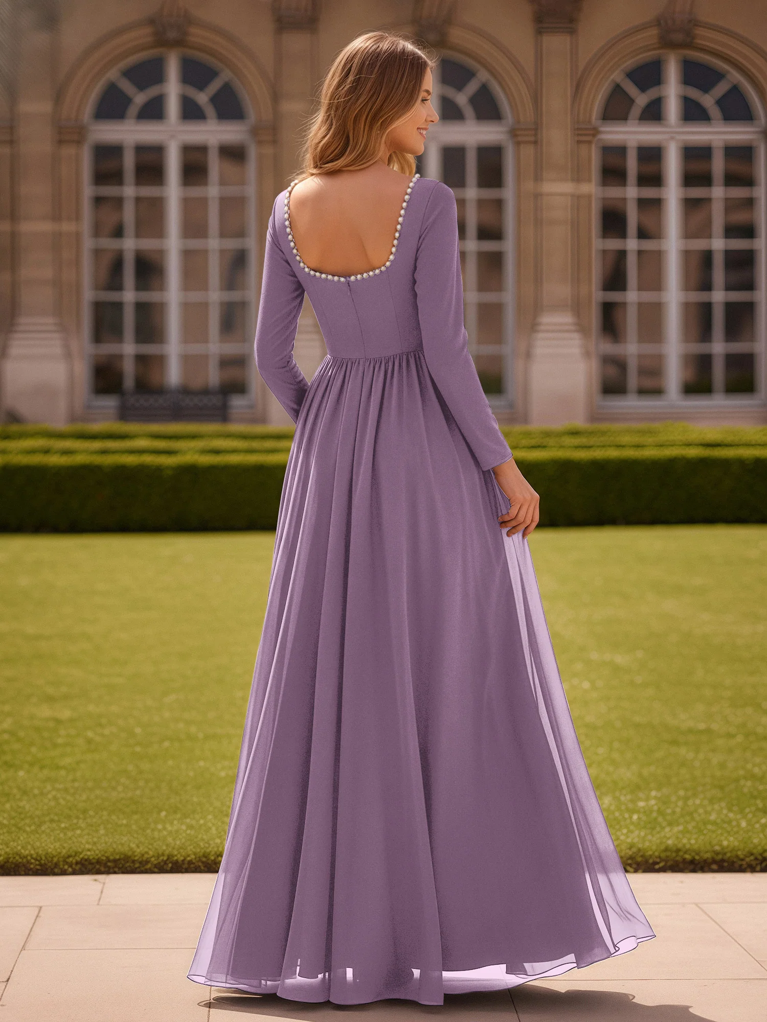 Pearl Square Neck Long Sleeve Dress With Slit Wisteria - Image 2